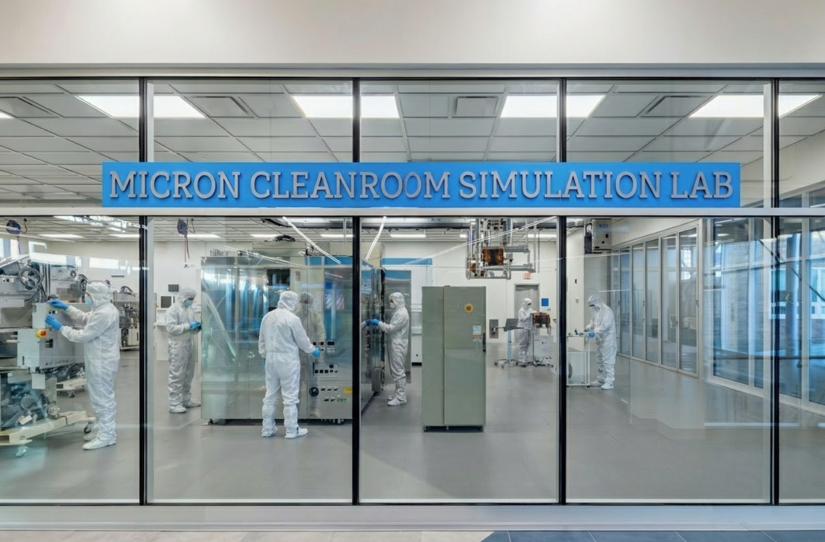 Micron Cleanroom Simulation Lab with semiconductor manufacturing equipment and students in cleanroom suits.