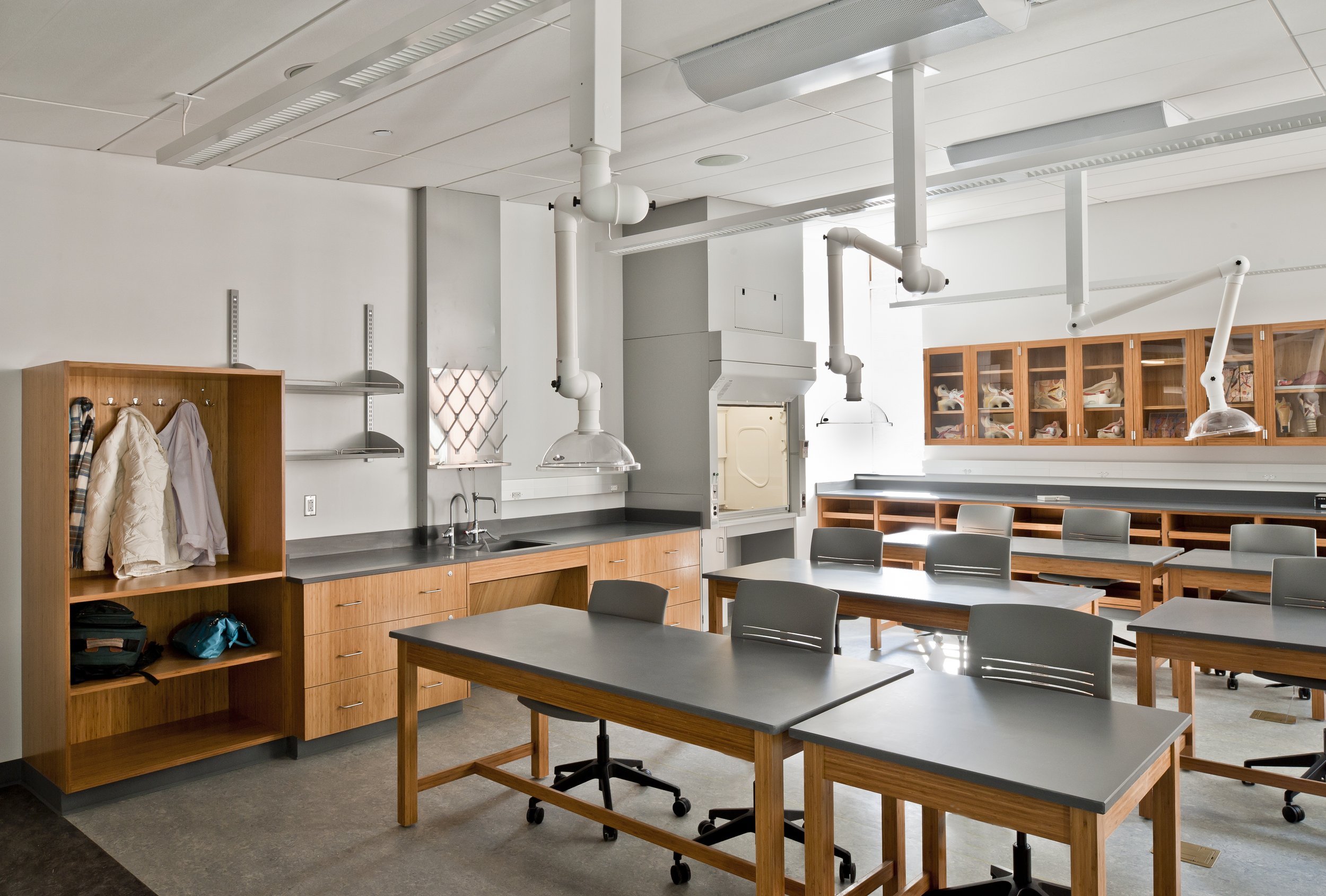 Teaching laboratory with student workstations, fume hoods, anatomy storage, and flexible instructional layout.