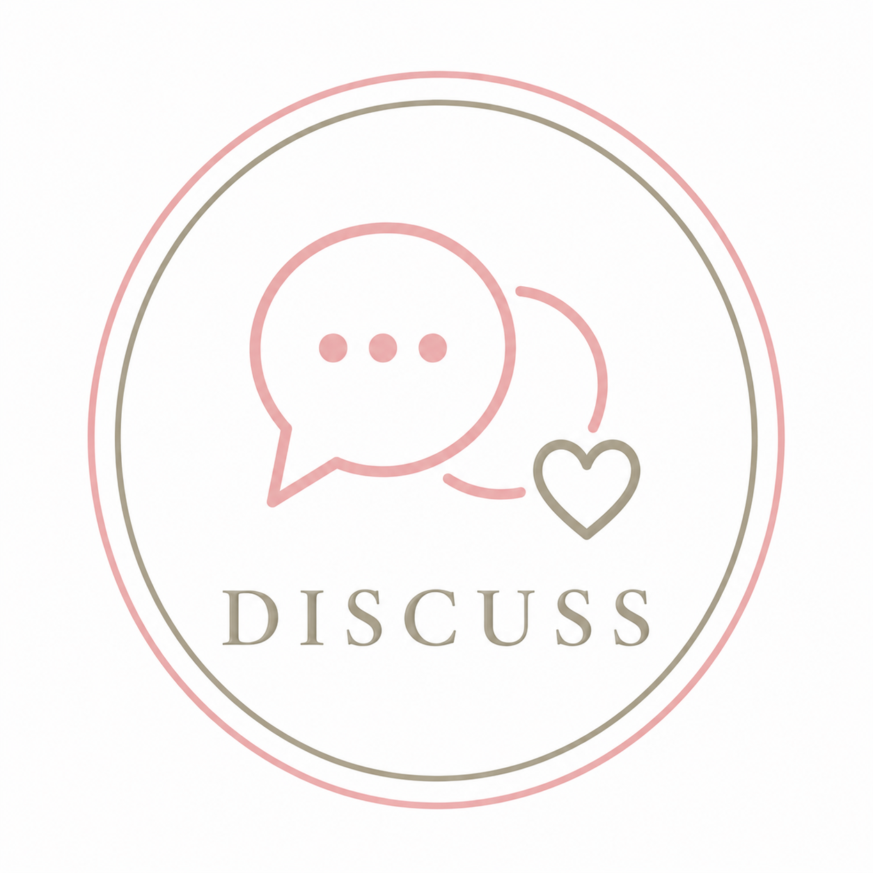 A minimalist logo with a speech bubble and a heart, surrounded by two concentric circles, and the word 'DISCUSS' below.