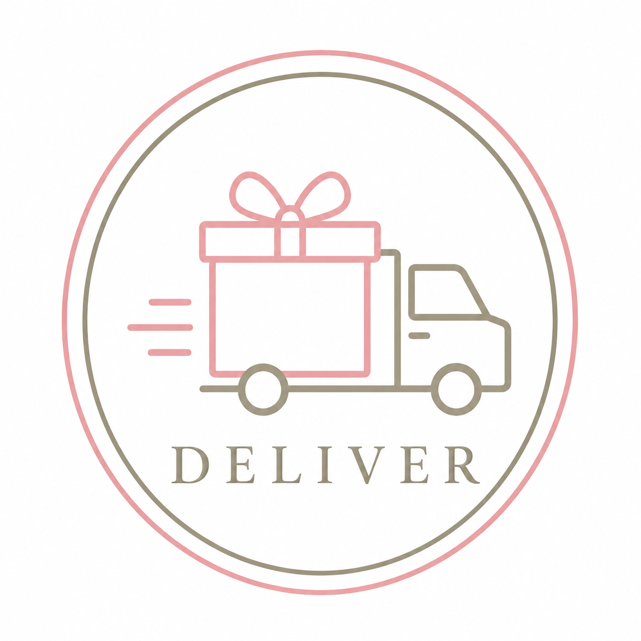 A logo featuring a line drawing of a delivery truck with a gift box on its back, the gift box has a bow on top, and the word 'DELIVER' written below.