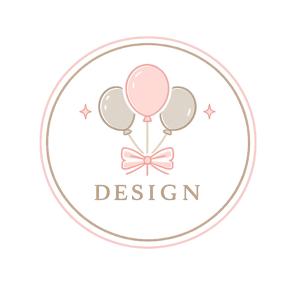 Neon sign featuring three balloons with one pink balloon in the center and two white balloons on the sides, a pink bow tie below the balloons, and the word 'DESIGN' at the bottom, all inside a round pink border.