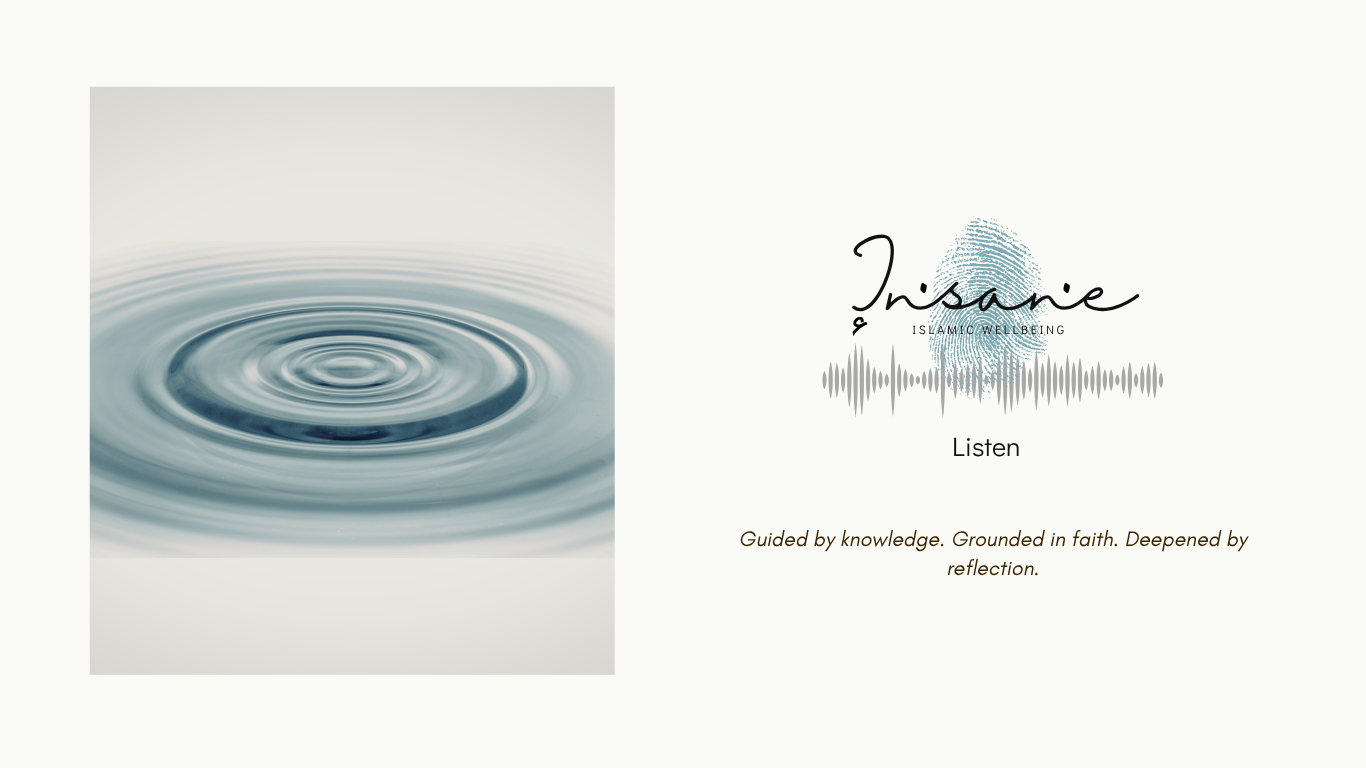 A graphic with a photograph of water ripples on the left and an Ikonic fingerprint with sound wave graphics on the right, featuring the text 'Insiance' and 'Islamic Wellbeing' with a quote about guidance, faith, and reflection.