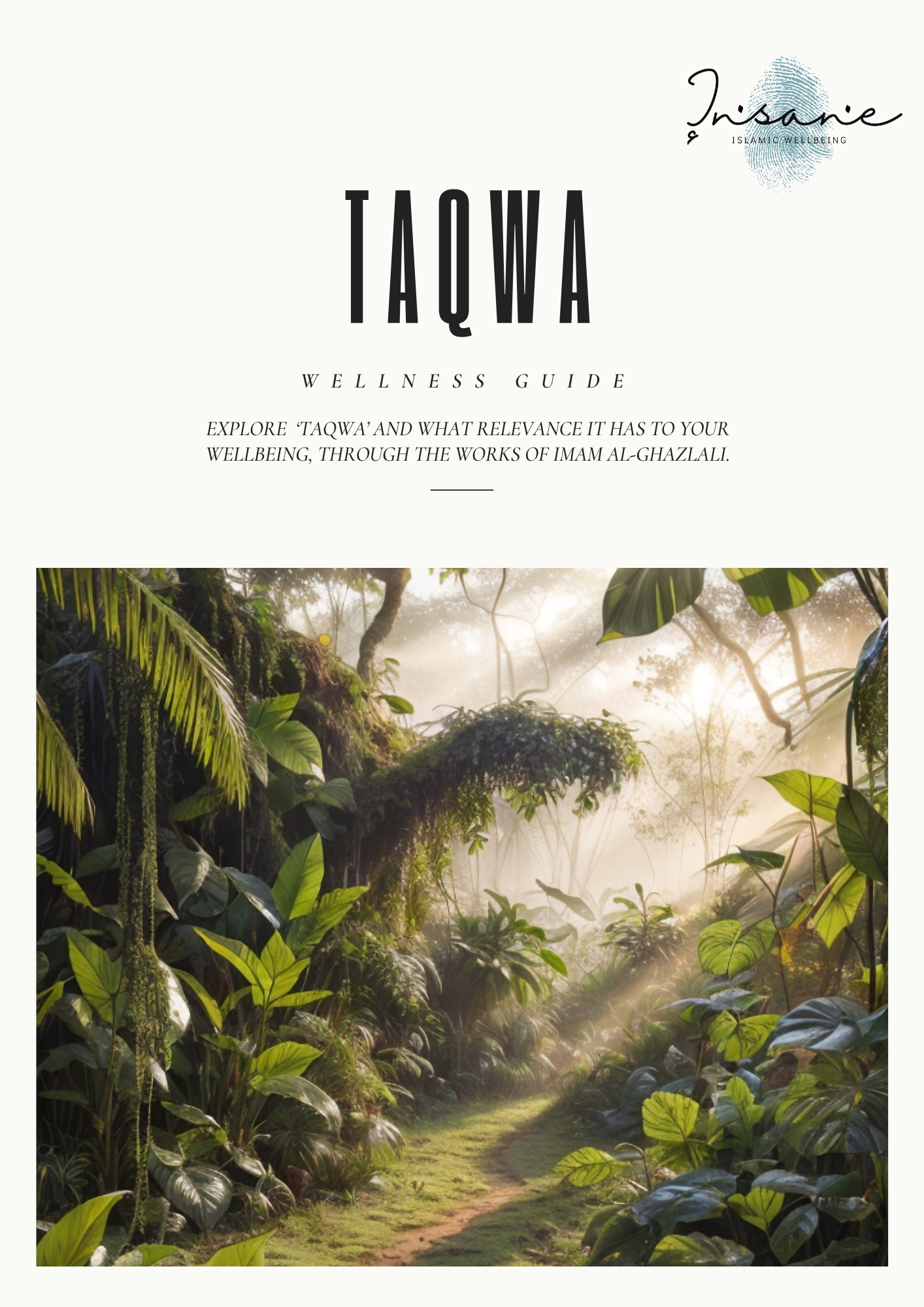 A lush, green rainforest with tall trees, dense vegetation, and sunlight streaming through the canopy, along a mossy dirt path.