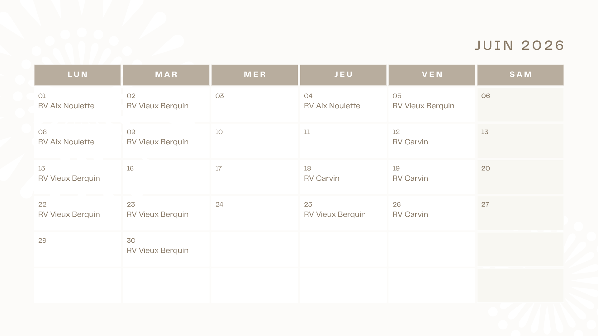 Calendrier de juin 2026 avec les événements RV Aix Noulette, RV Vieux Berquin et RV Carvin
