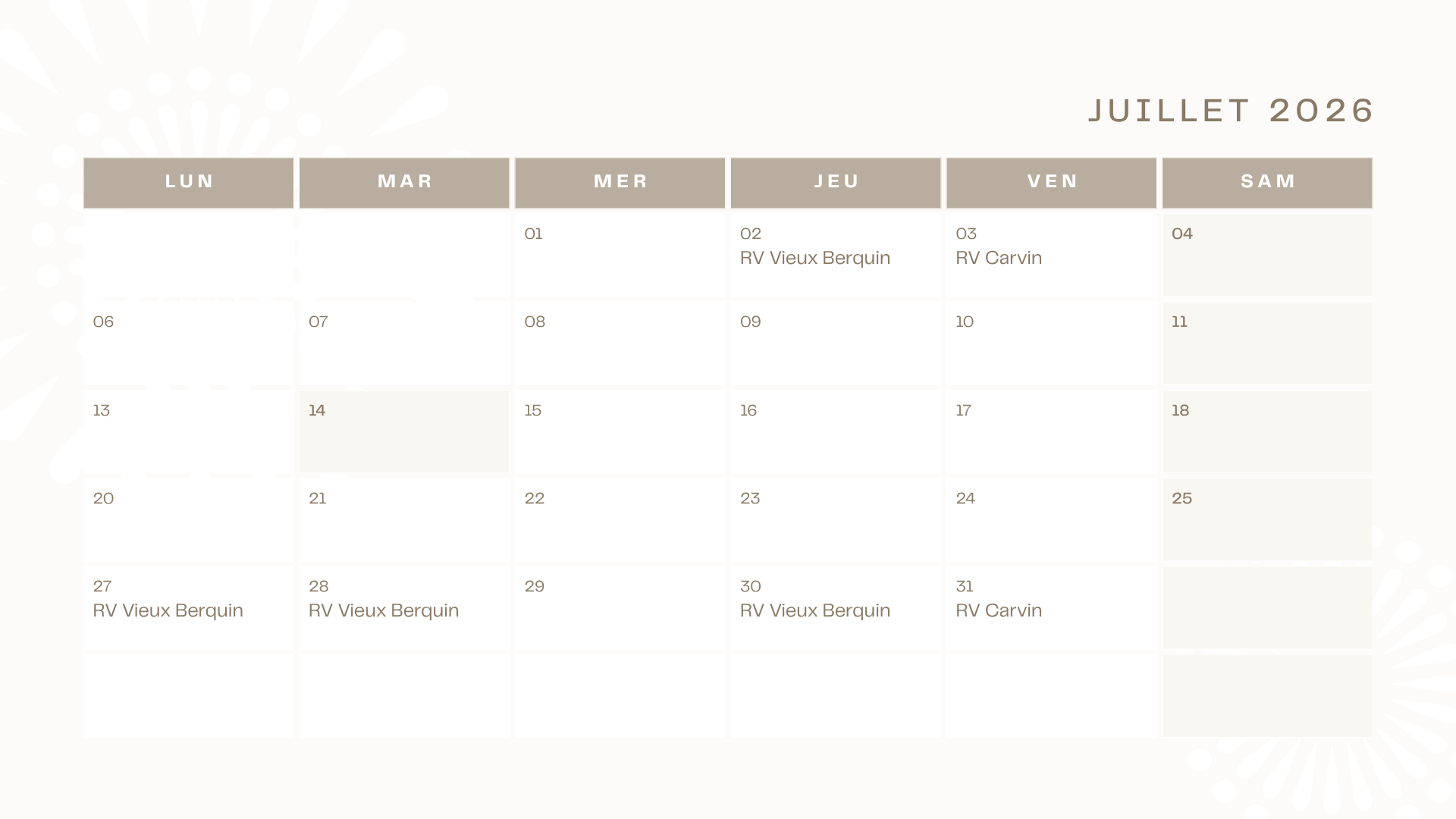 Calendrier de juillet 2026 avec événements récurrents RV Vieux Berquin et RV Carvin.