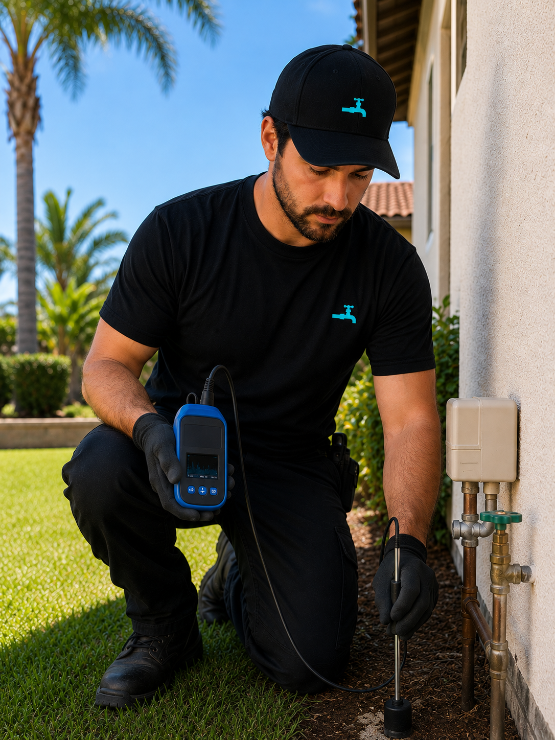 A technician performing a leak detection test outside a house, kneeling on grass, holding a diagnostic device, with pipes and a utility box nearby looking to determine where the source of the water leak is.