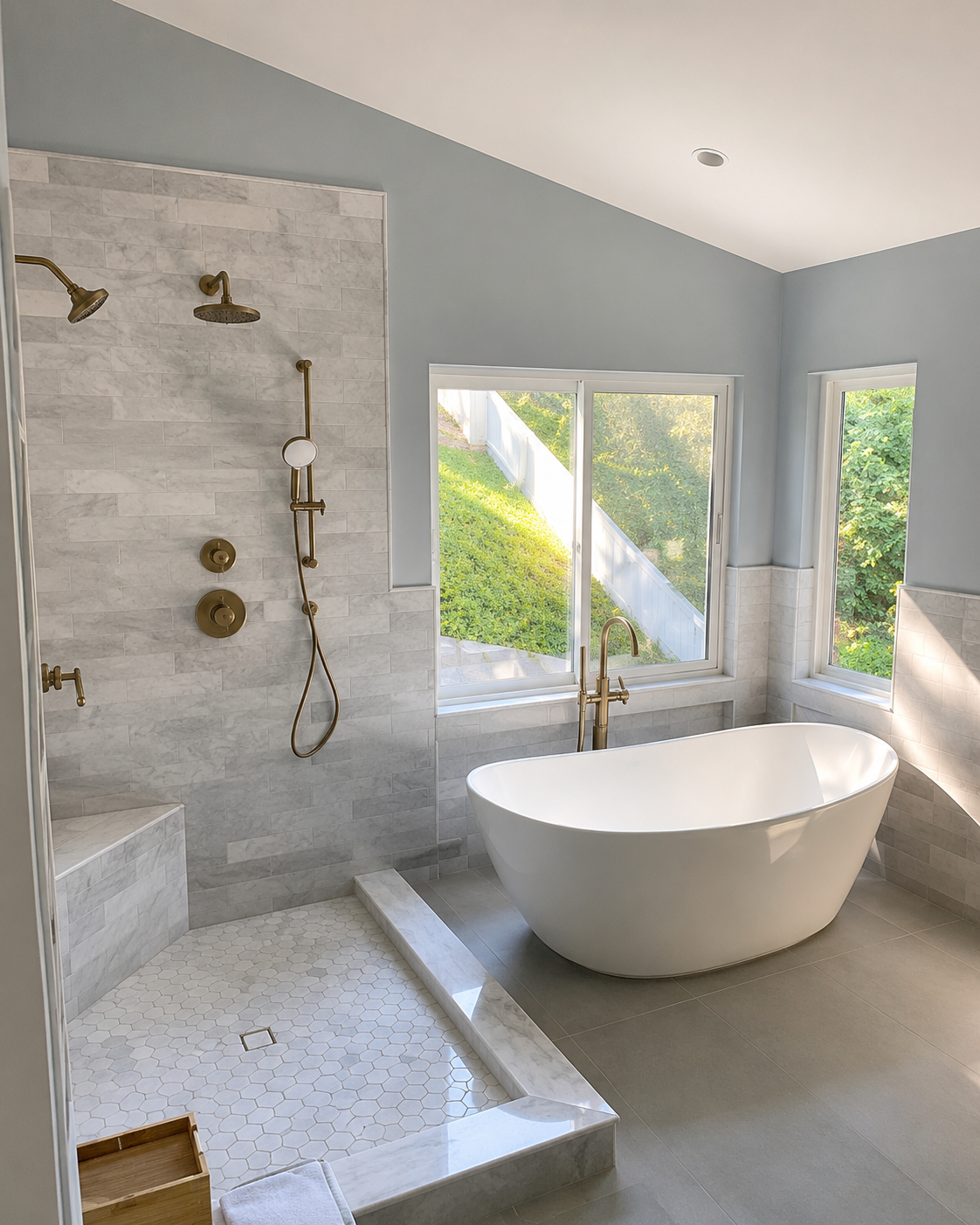 A modern bathroom featuring a walk-in shower with brass fixtures, a freestanding bathtub with a brass faucet, and large windows overlooking a grassy outdoor area.