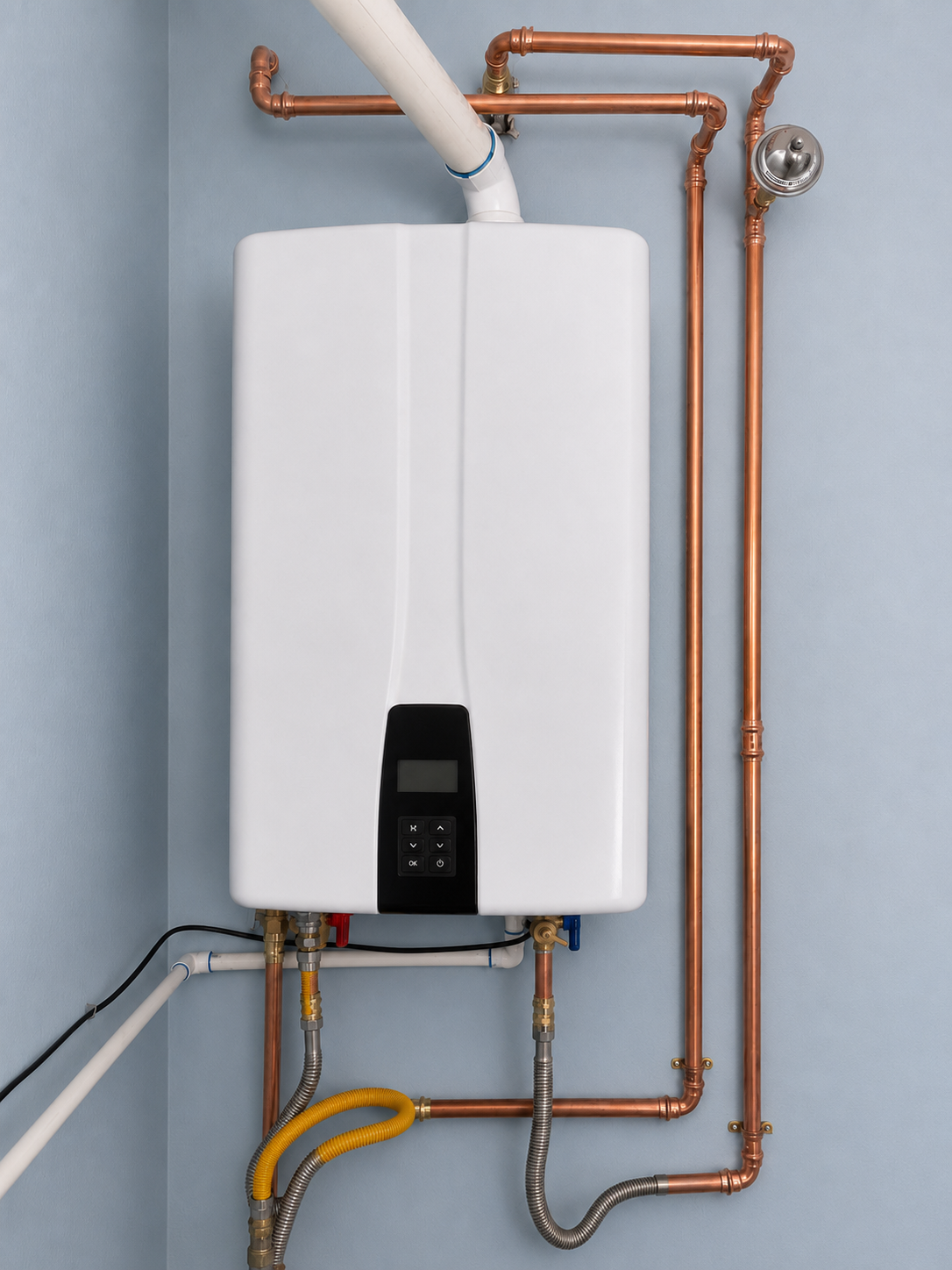 A white tankless water heater with digital controls mounted on a light blue wall, connected to copper and flexible pipes.
