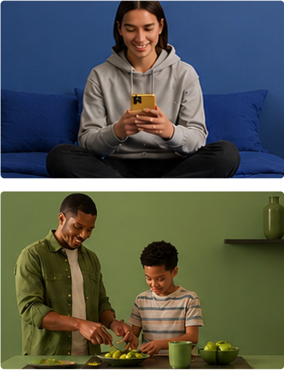 A young woman in a gray hoodie sitting on a blue couch looking at her phone with a smile, and a woman and boy in a kitchen preparing food with limes and a green wall in the background.
