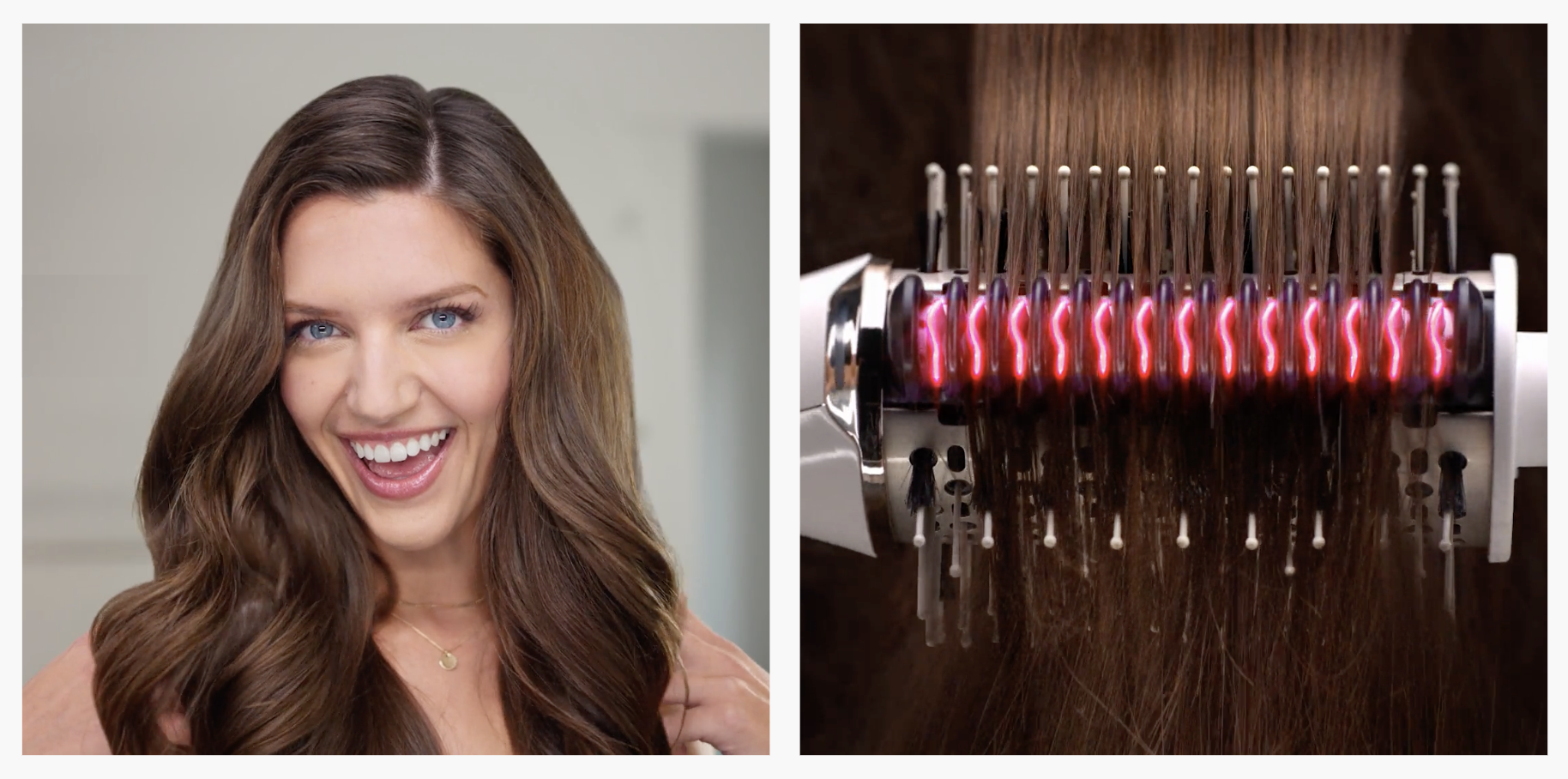 A woman with long brown hair smiling, positioned next to a hair curling machine that is heating hair with red glowing coils.