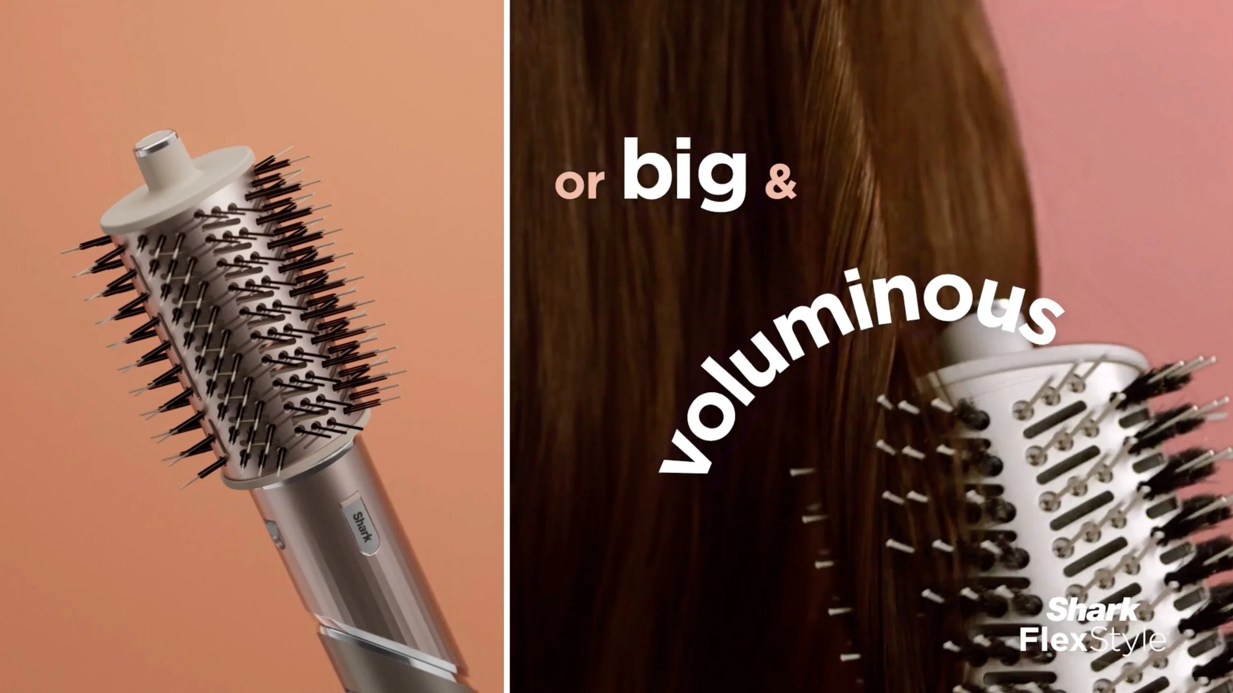 A close-up image of a Shark FlexStyle hairbrush on a peach-colored background and a second image showing the brush with some text overlay, including the words "or big & voluminous" and "Shark FlexStyle".