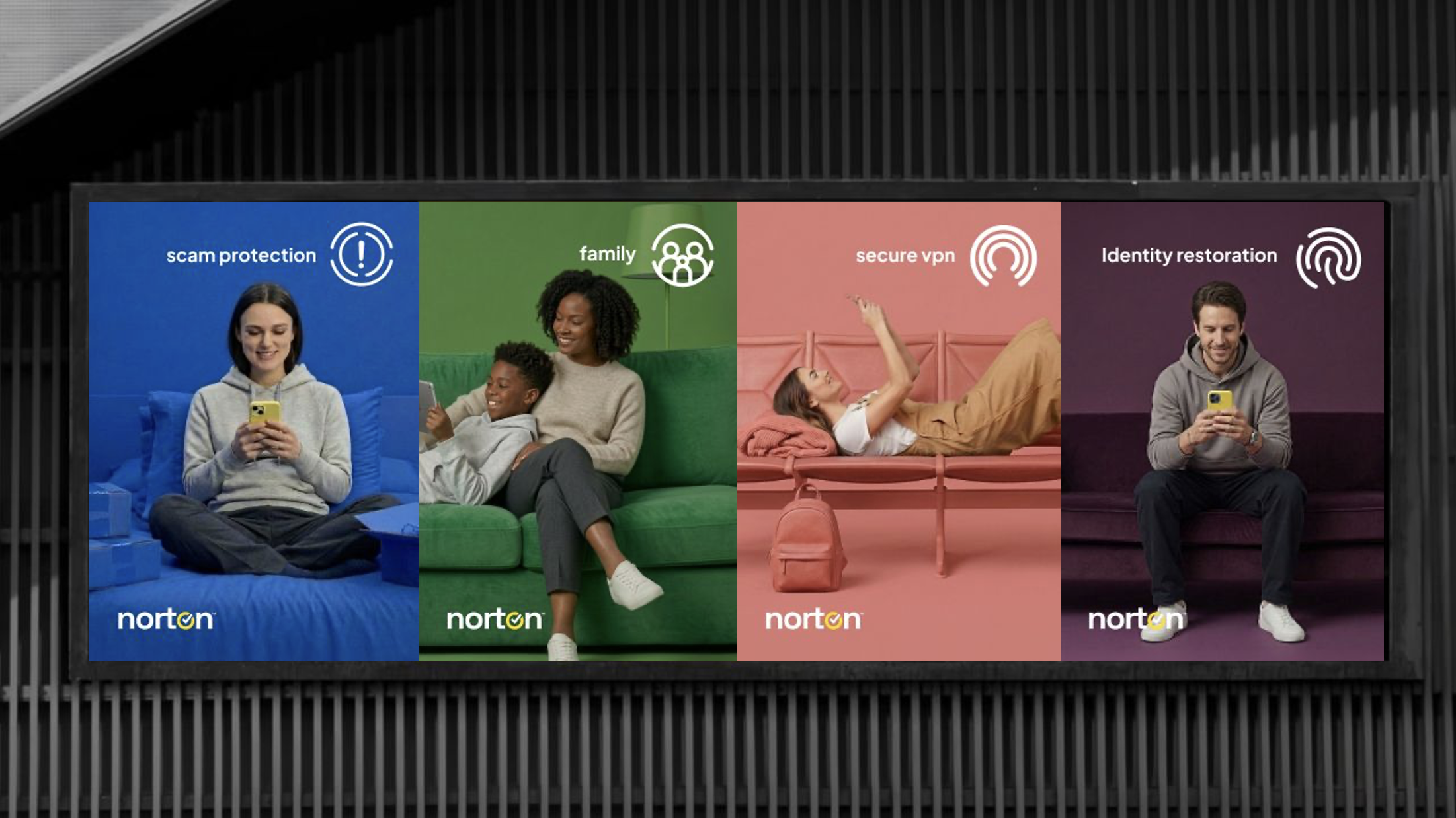 Four different scenes of people using smartphones, each with a colored background and labeled to promote Norton cybersecurity products: blue for scam protection with a woman smiling at her phone, green for family security with a woman and child smiling together, red for secure VPN with a woman lying on a bed using her phone, and purple for identity restoration with a man sitting and using his phone.