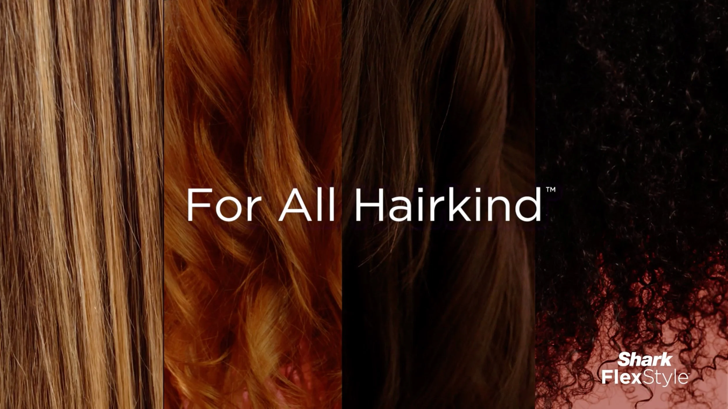 A promotional graphic showing various hair textures and styles with the text "For All Hairkind" and the Shark FlexStyle logo.