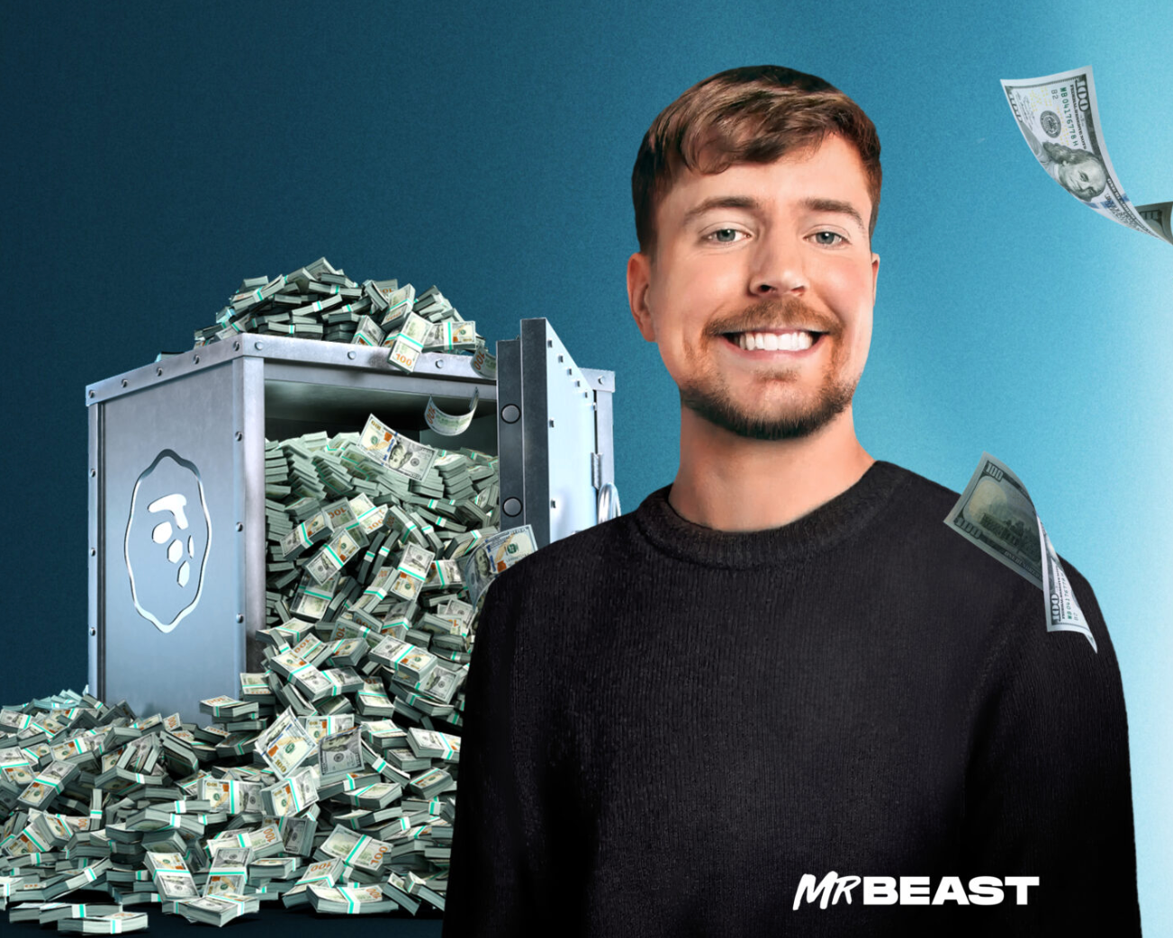 Smiling man standing in front of a safe overflowing with bundles of hundred-dollar bills, with some bills flying around him.