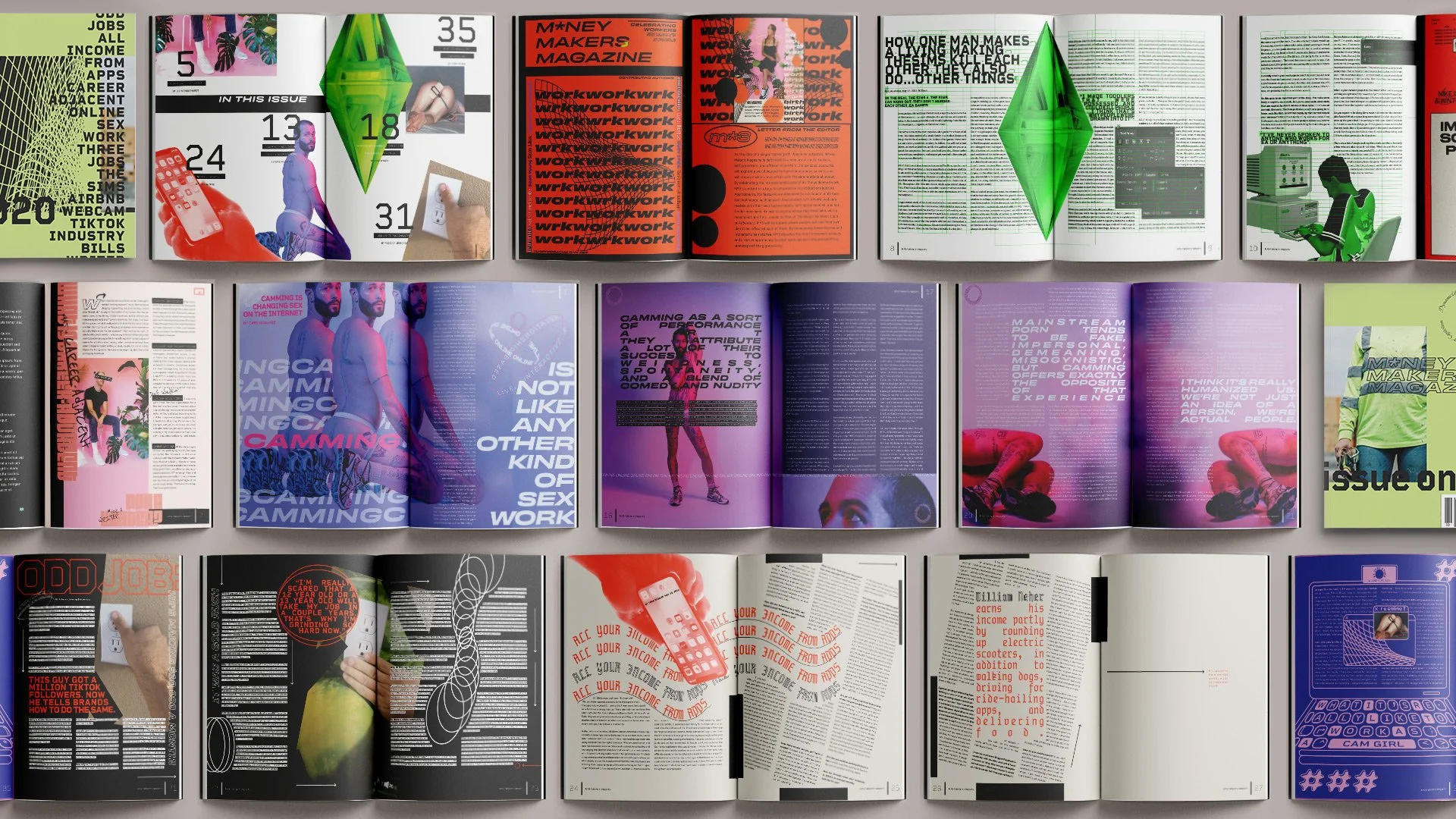 Open magazine pages displaying colorful layouts, images, and articles with various topics, some featuring models, digital graphics, and bold text.