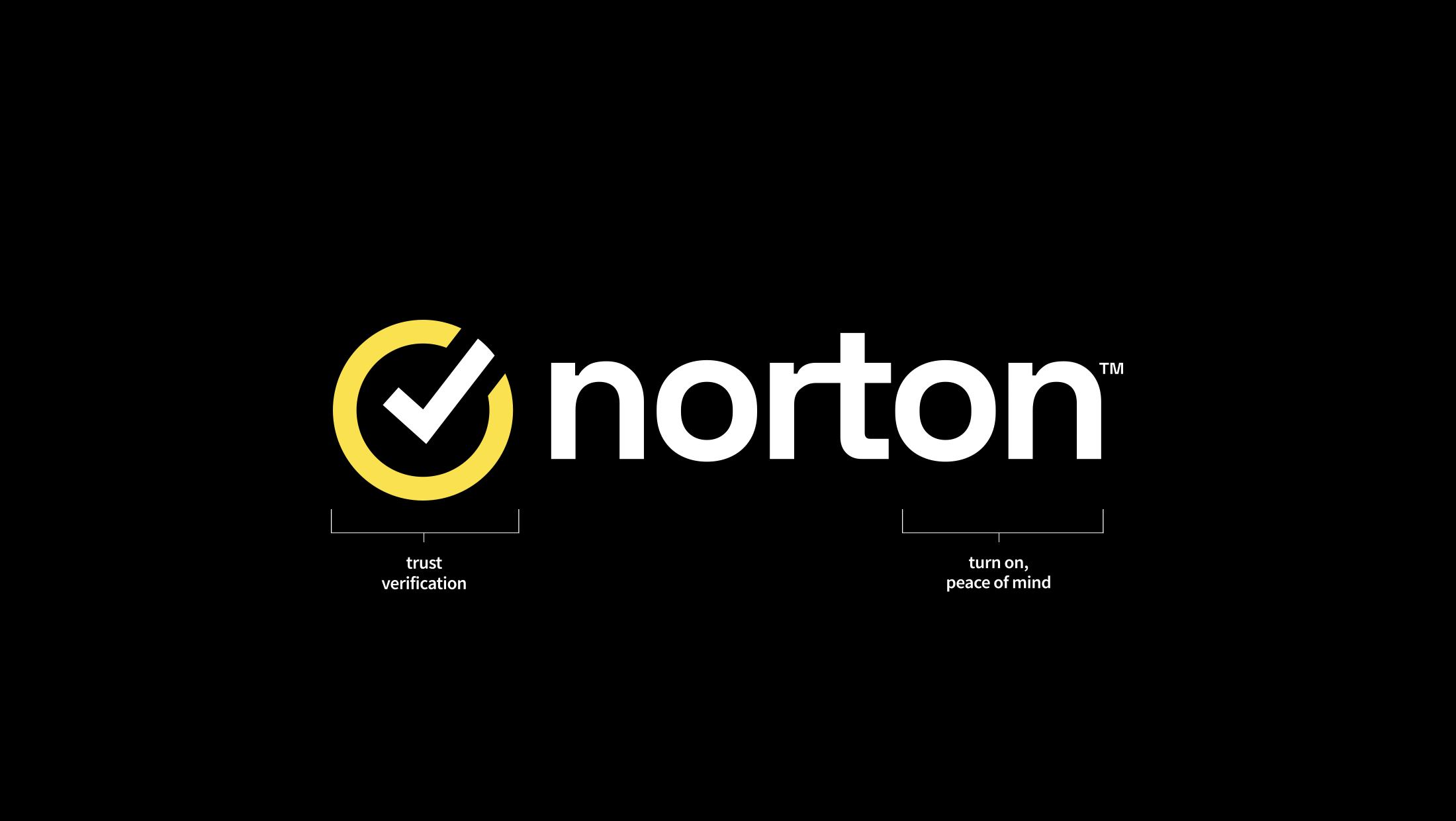Infographic about Norton antivirus software showing a checkmark in a yellow circle, with labels 'trust verification' and 'turn on, peace of mind'.