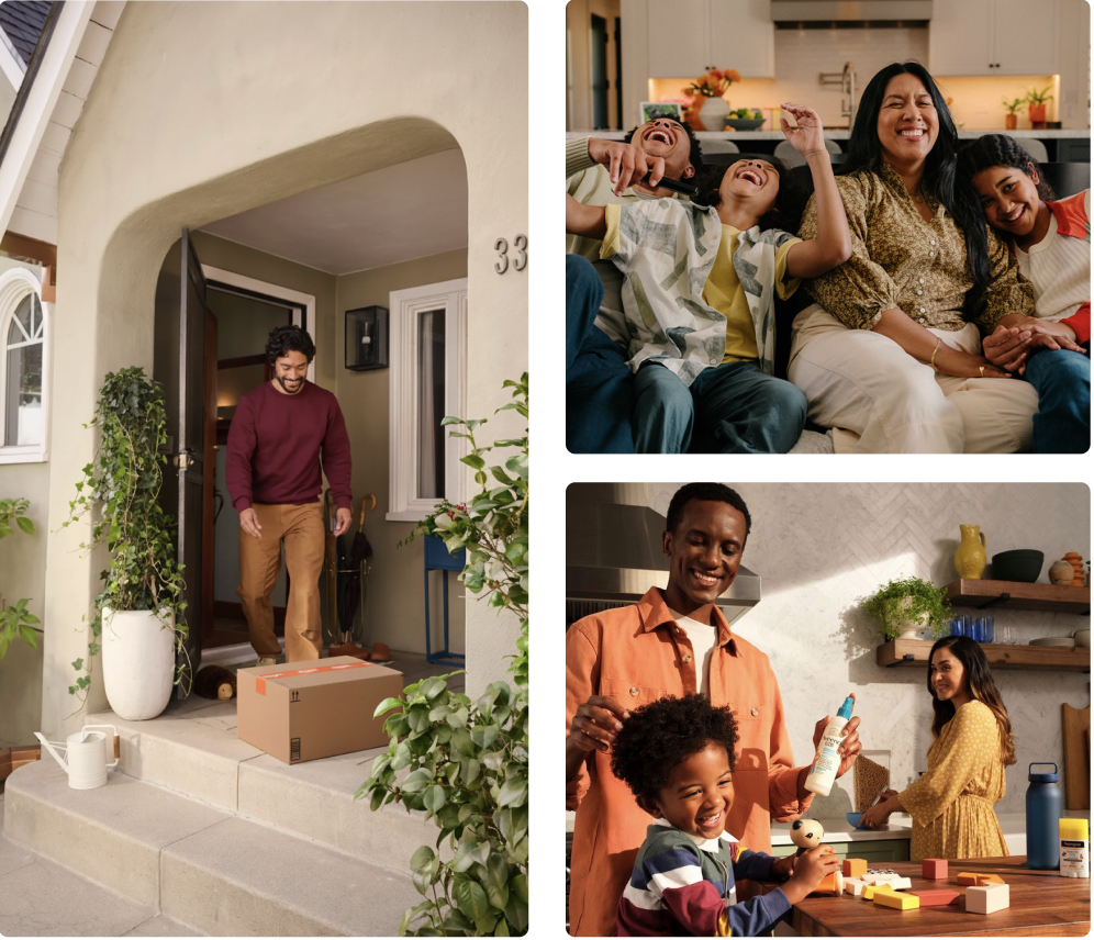 A man is receiving a package at the front door of his house, smiling as he opens the door. Inside, a group of four diverse people, including an older woman and three children, are sitting on a couch in the kitchen, laughing and enjoying each other's company. In another part of the kitchen, a man is seen smiling while playing with a young boy, who is holding a toy, in front of a table with colorful blocks and a bottle of sunscreen.