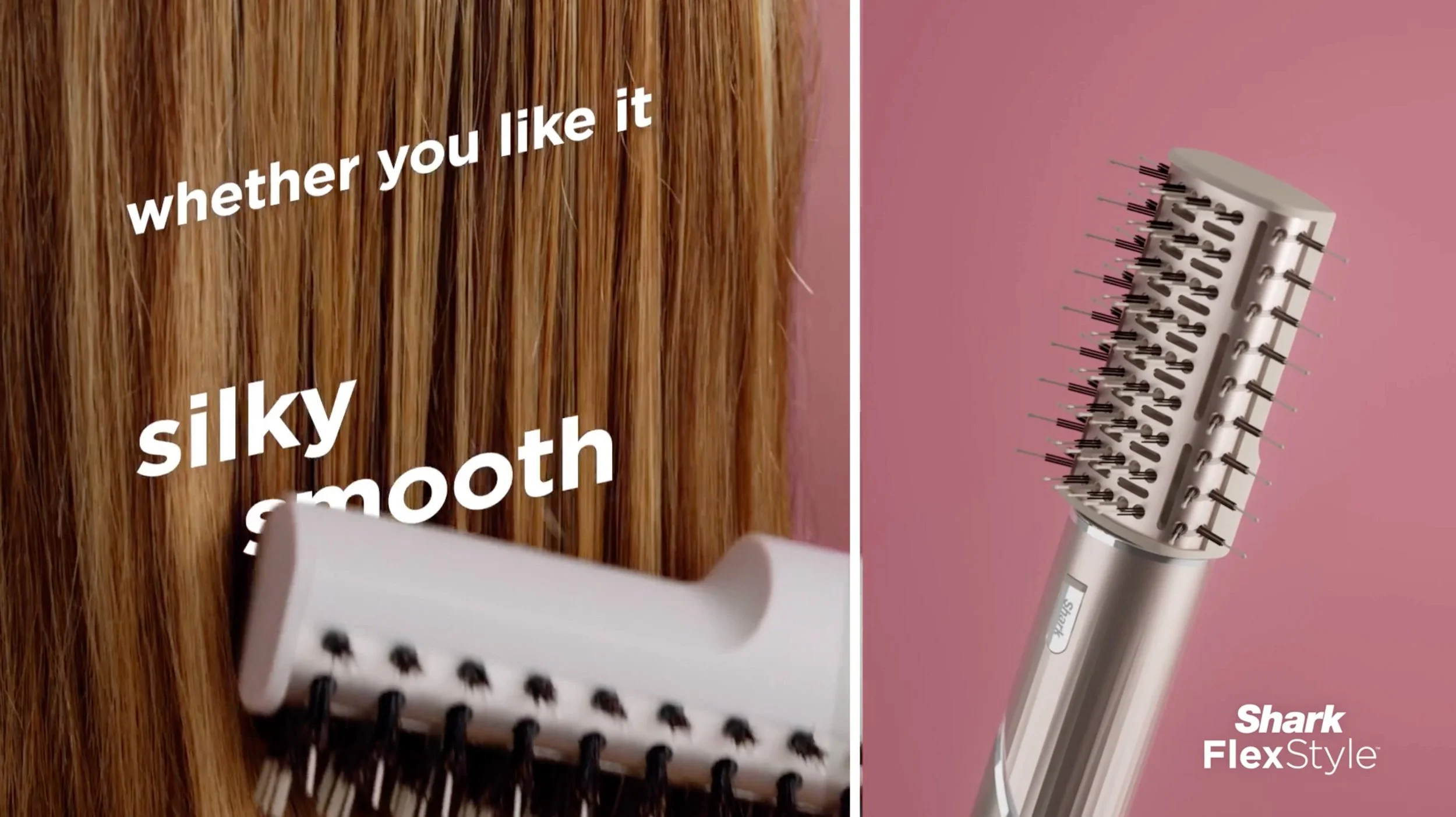 A grooming device with a rounded brush head filled with black pins, used for styling hair, shown next to an image of brown hair with text overlay that says 'whether you like it silky smooth'.