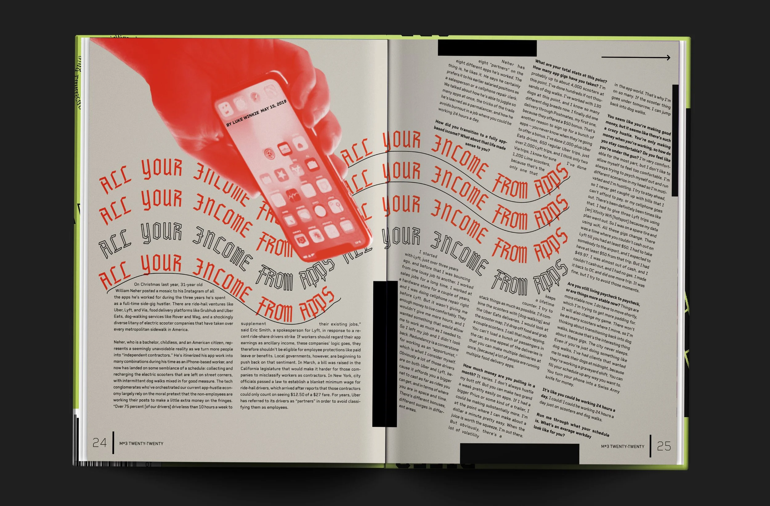 Open magazine or book with text and red letters repeating the phrase "ACC YOUR INCOME FROM ADS" in a spiral pattern, a person's hand holding a smartphone with app icons, including Instagram and YouTube, on the left page.