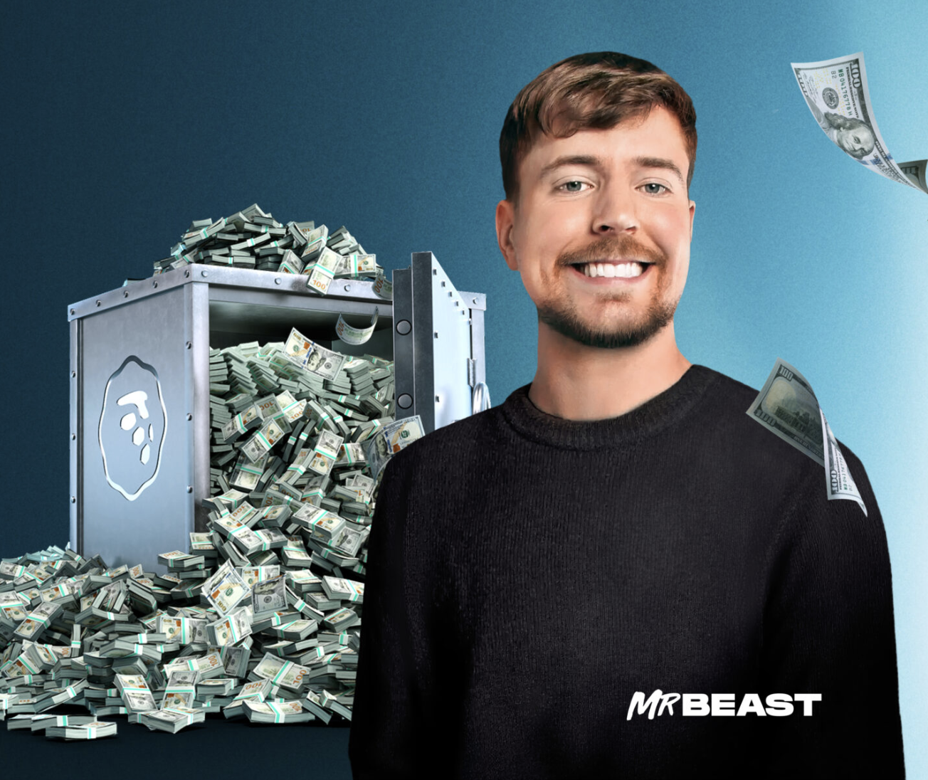 A smiling man in a black shirt with 'MRBEAST' written on it standing in front of a large safe filled with stacks of hundred-dollar bills. Some bills are falling around him, and a few are visible outside the safe.