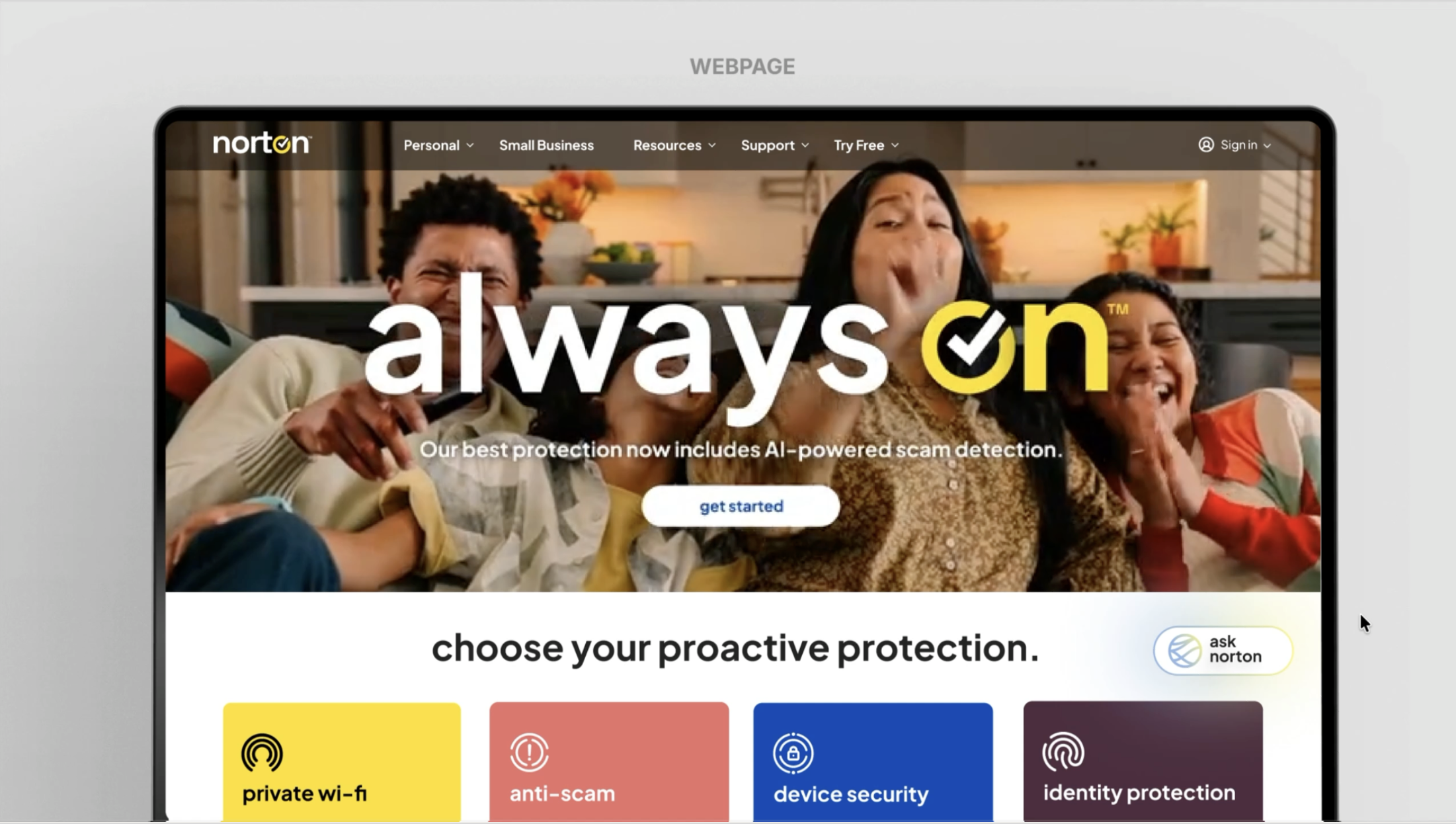 Screenshot of a Norton webpage featuring a group of diverse smiling people sitting on a couch, with large text overlay that says "always on" and a prominent button labeled "get started".