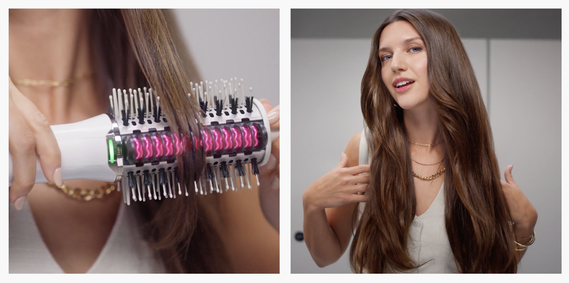 A woman is using a heated hairbrush to straighten her long, brown hair in a salon or home setting.