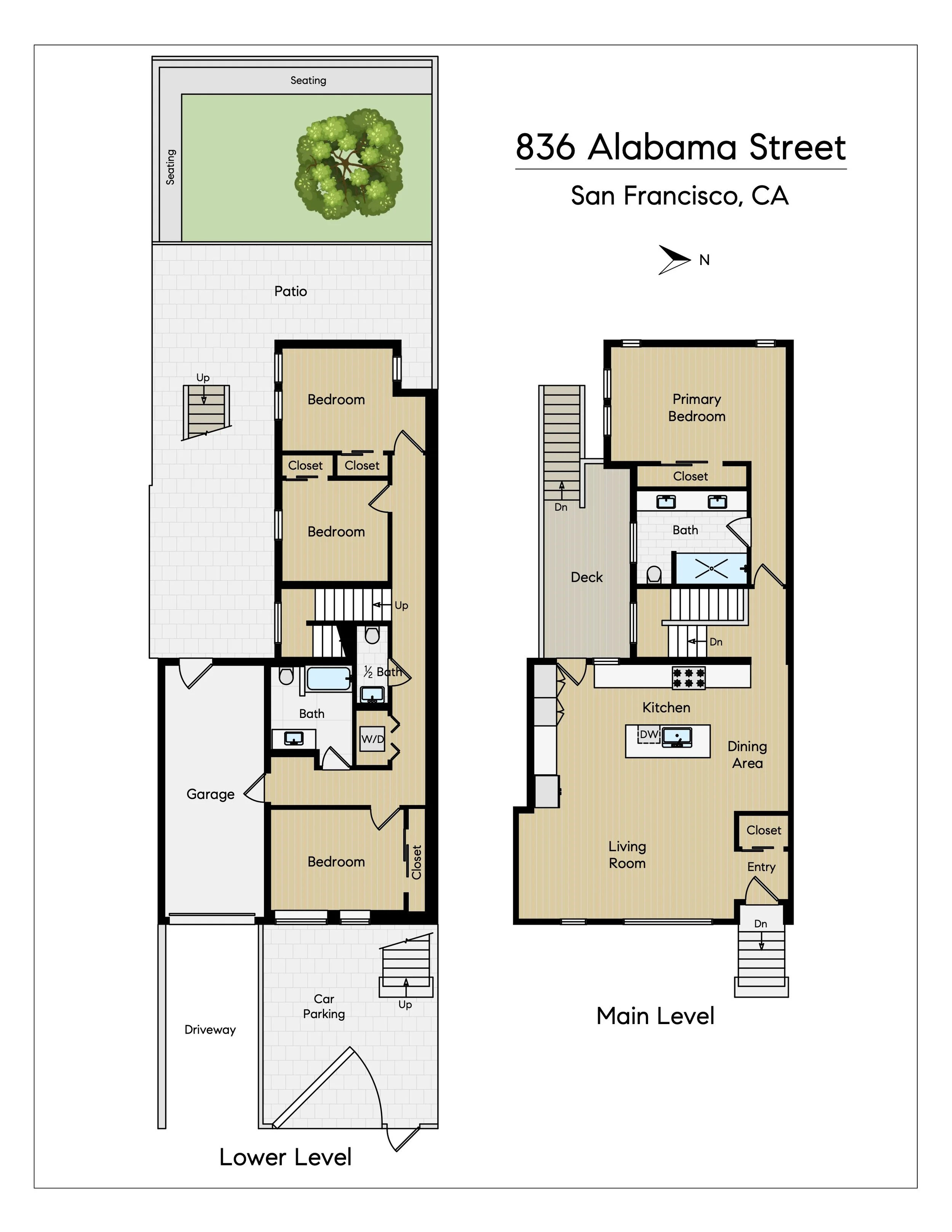 Floor plan of a two-story house showing lower level, main level, and a patio area with a tree and seating.