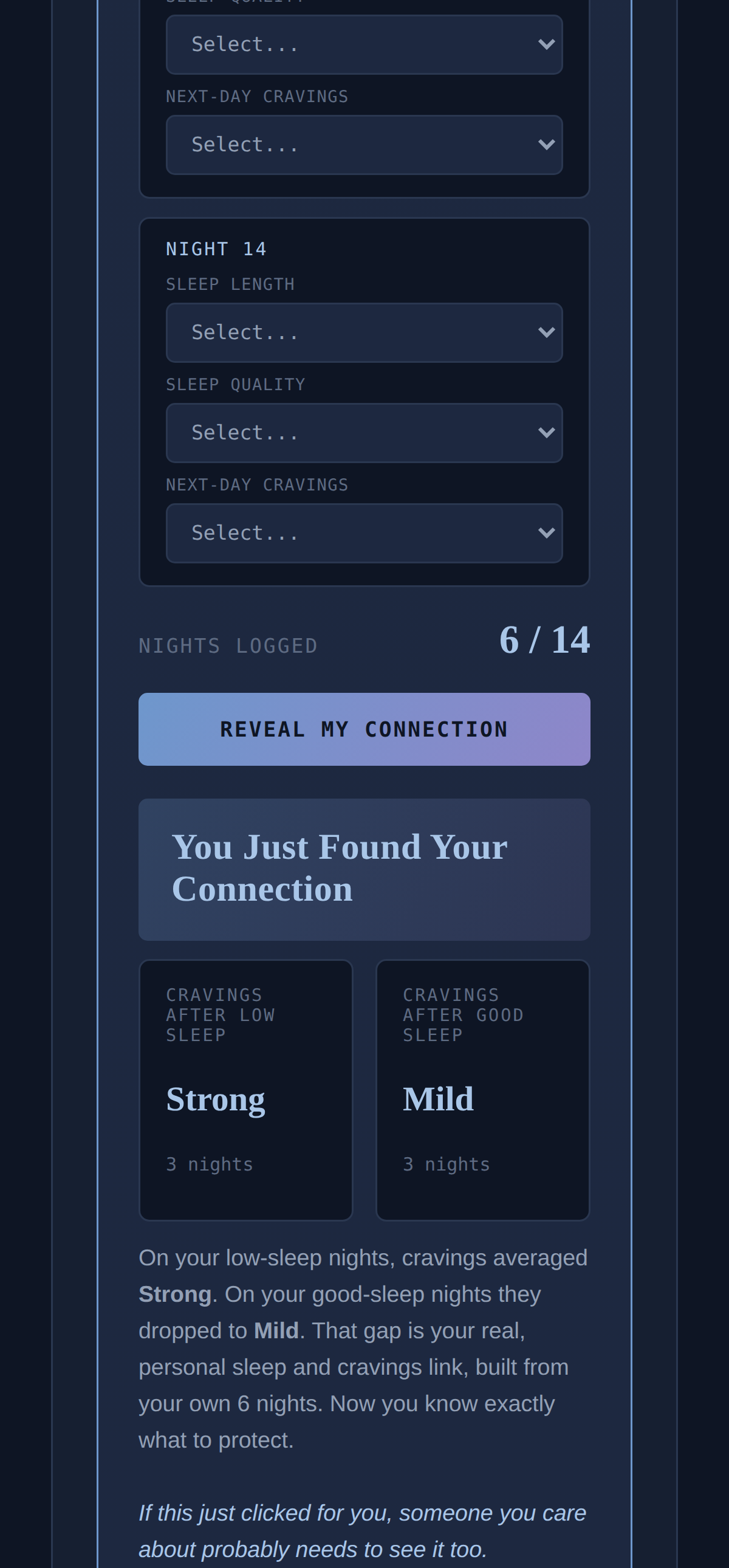 Two linked nodes, blue and periwinkle, The Sleep and Cravings Connection