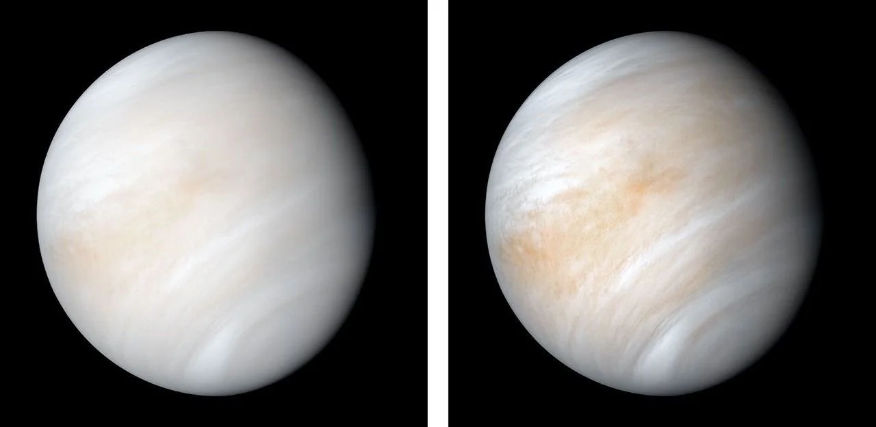 Two processed views of cloud-covered Venus against black backgrounds, with cloud patterns more pronounced in the right-hand image.