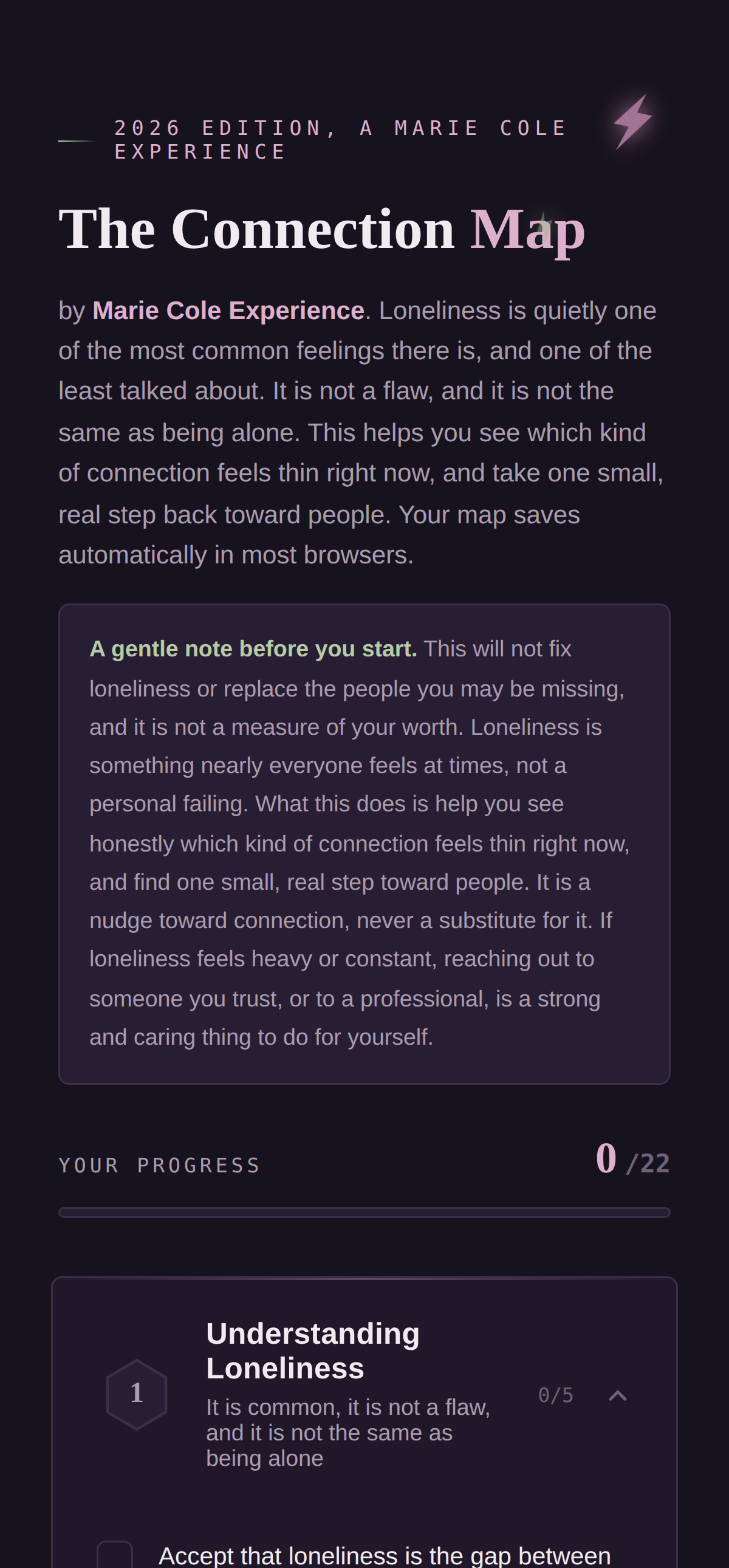 Emotional wellness map designed to help users understand their connection patterns and take small steps forward.