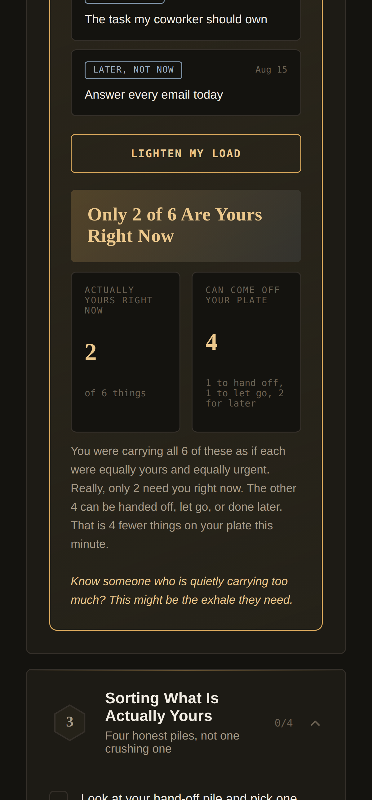 Guided reflection list showing items tagged as mine to do now, hand it off, let it go, or later.