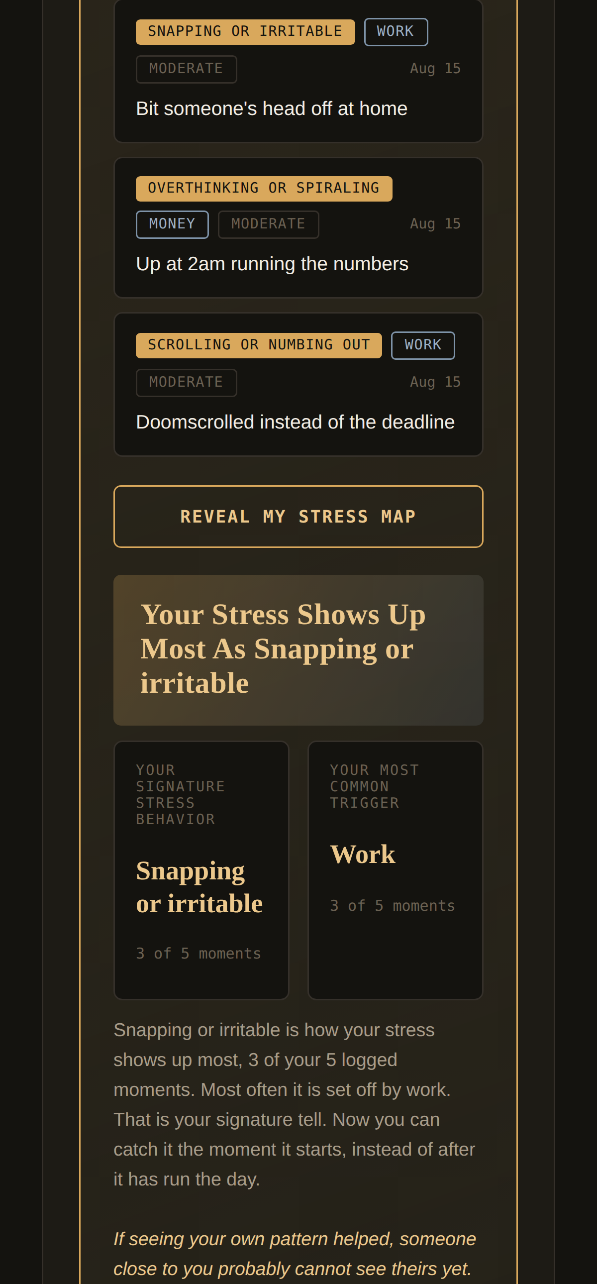 Digital stress awareness tool revealing signature stress behaviors from personal entries.