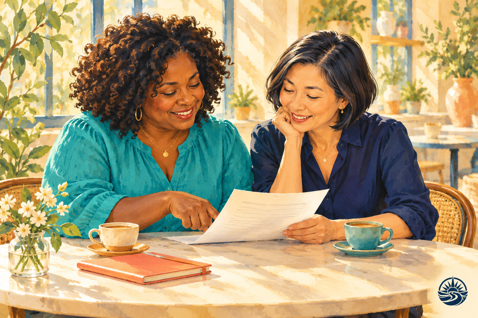 Illustration of two women smiling as they review a sheet of paper together at a sunlit table with coffee cups.