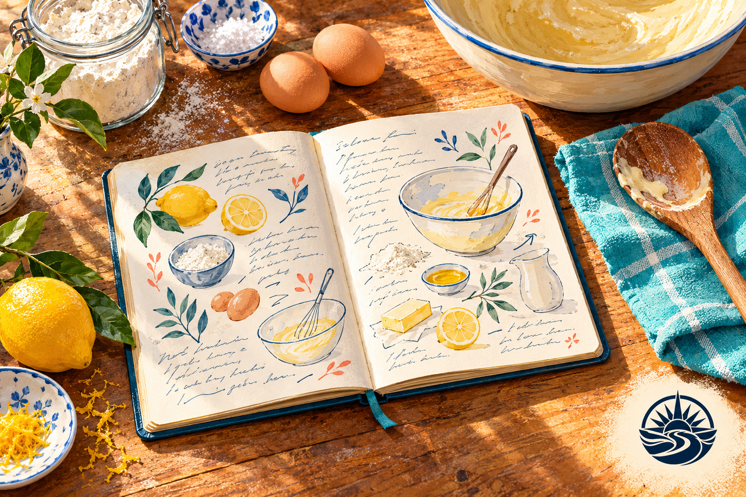 Illustration of an open recipe notebook on a wooden table with a mixing bowl, eggs, flour, lemon and a wooden spoon.