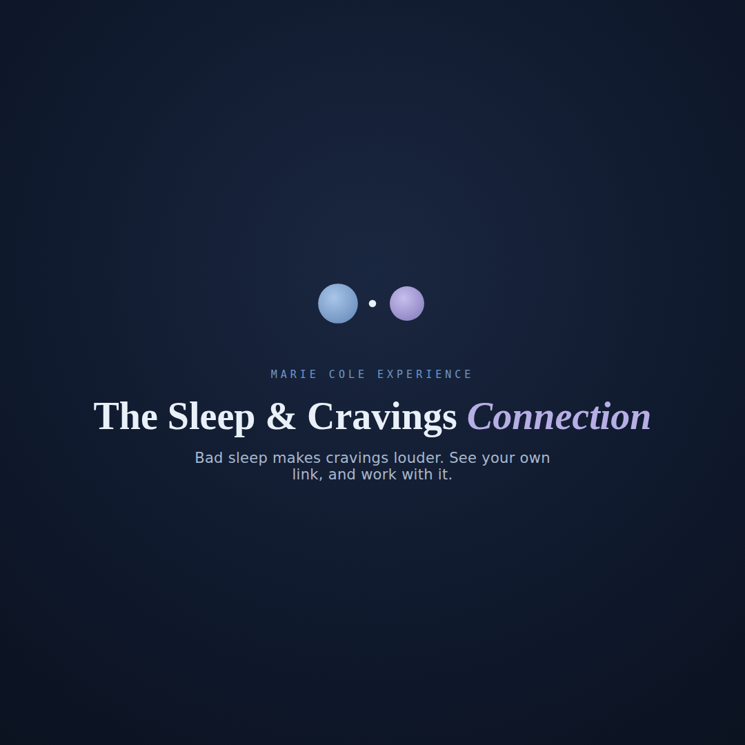 The Sleep and Cravings Connection on a phone, a midnight-blue screen linking sleep and cravings
