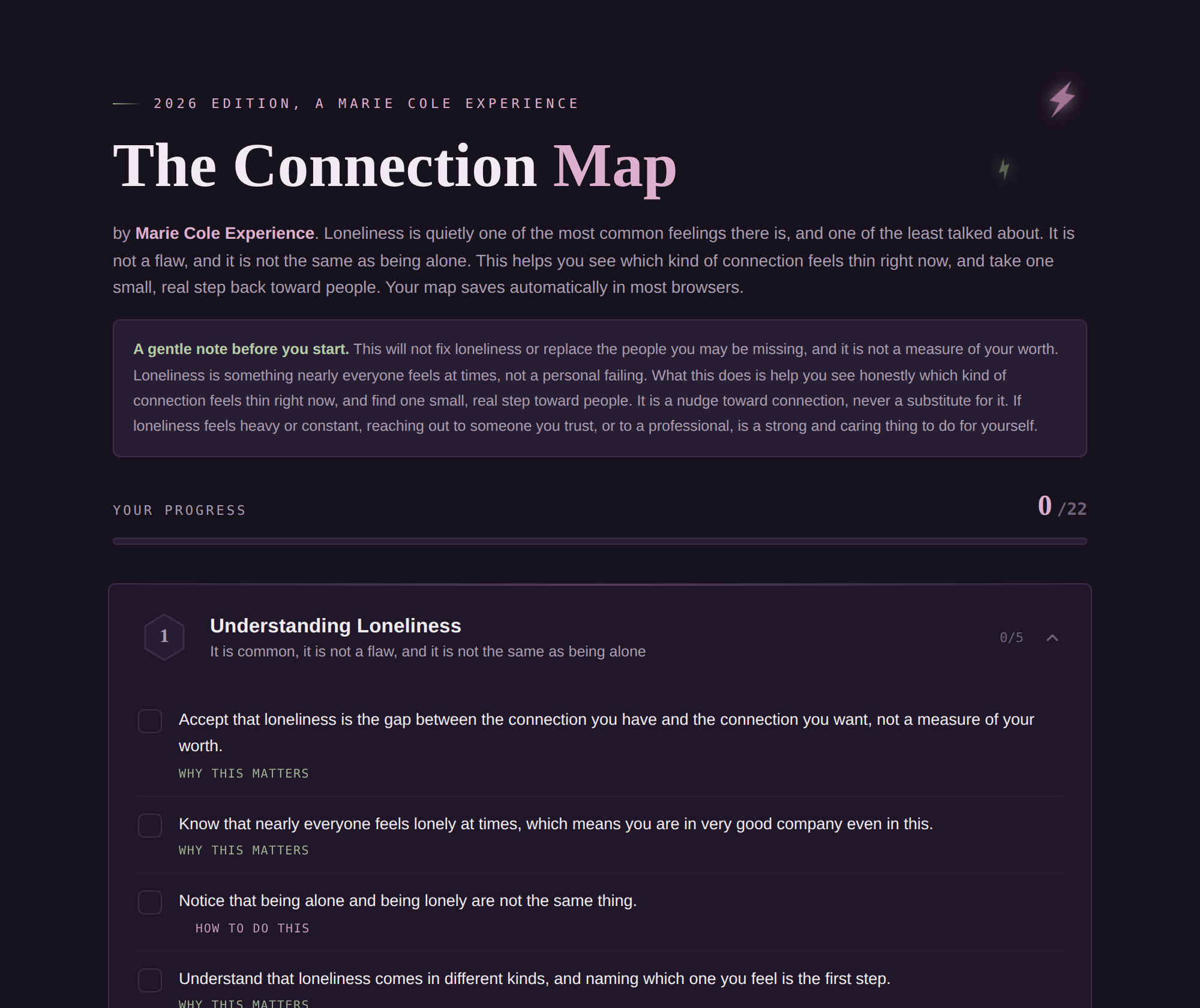Digital Connection Map tool helping users identify where connection feels thin and where warmth can grow.