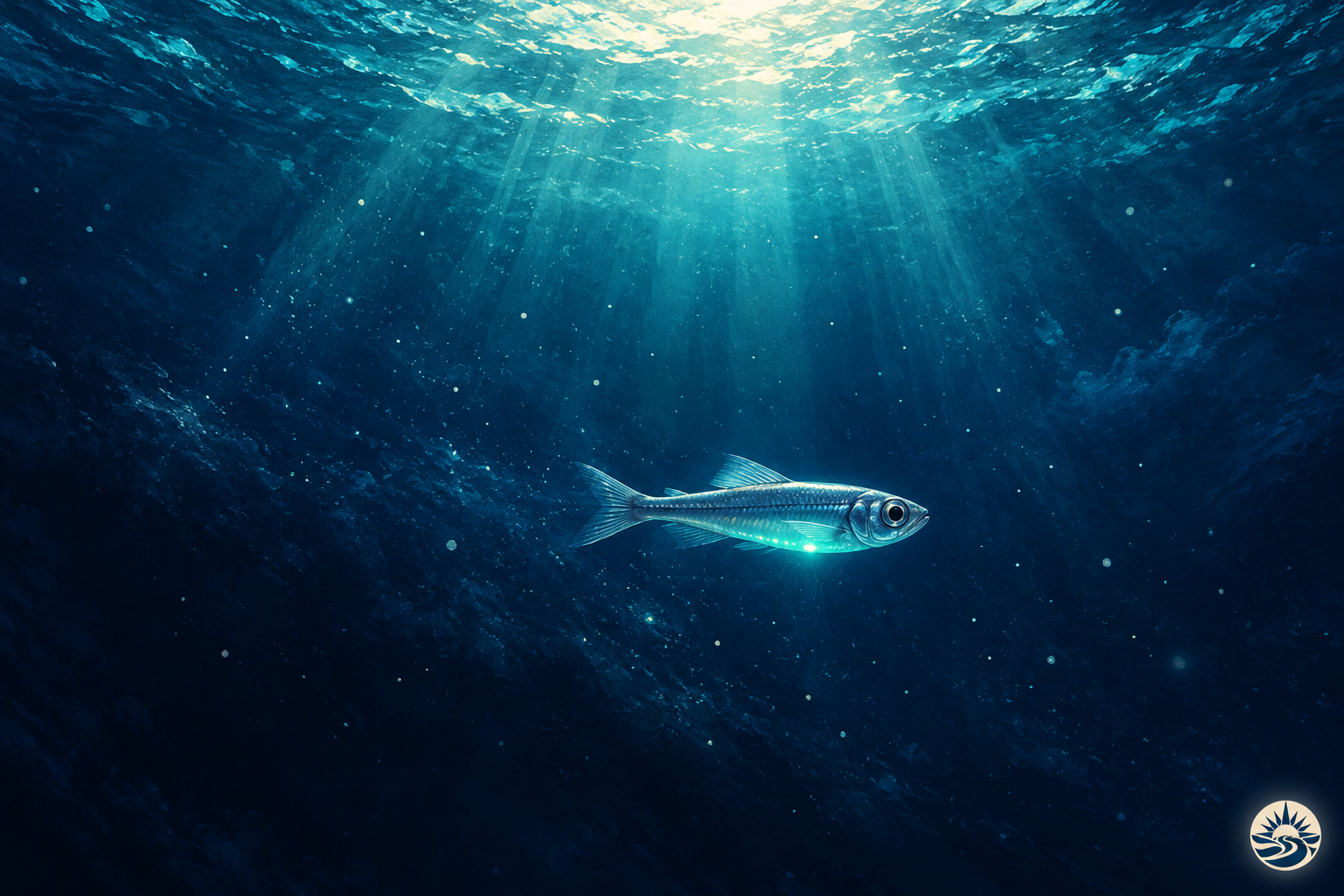 Conceptual illustration of a small silver fish with blue-green lights along its belly beneath light filtering through dark blue water.