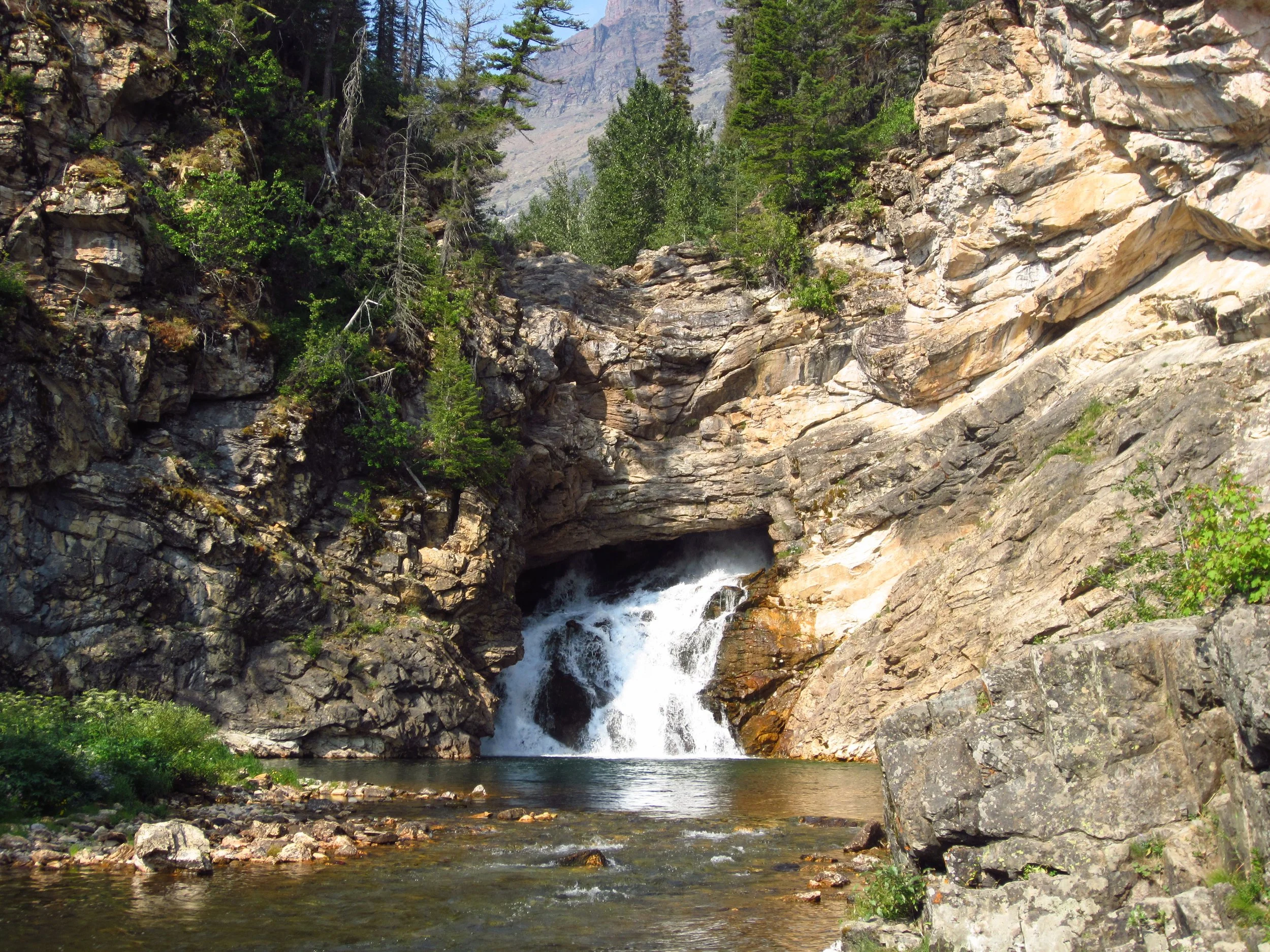 Running Eagle Falls pours from an opening in a layered rock face into a pool, surrounded by conifers in Glacier National Park.
