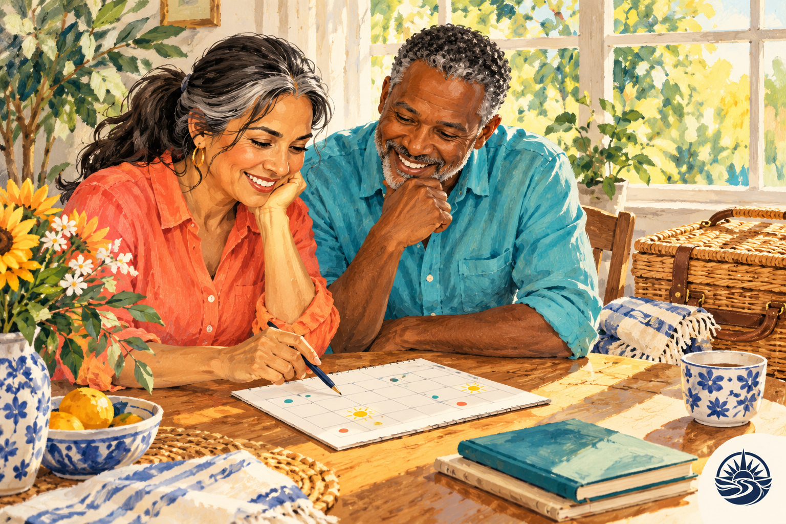 Illustration of two friends choosing a day on a paper calendar at a sunny table beside a picnic basket.