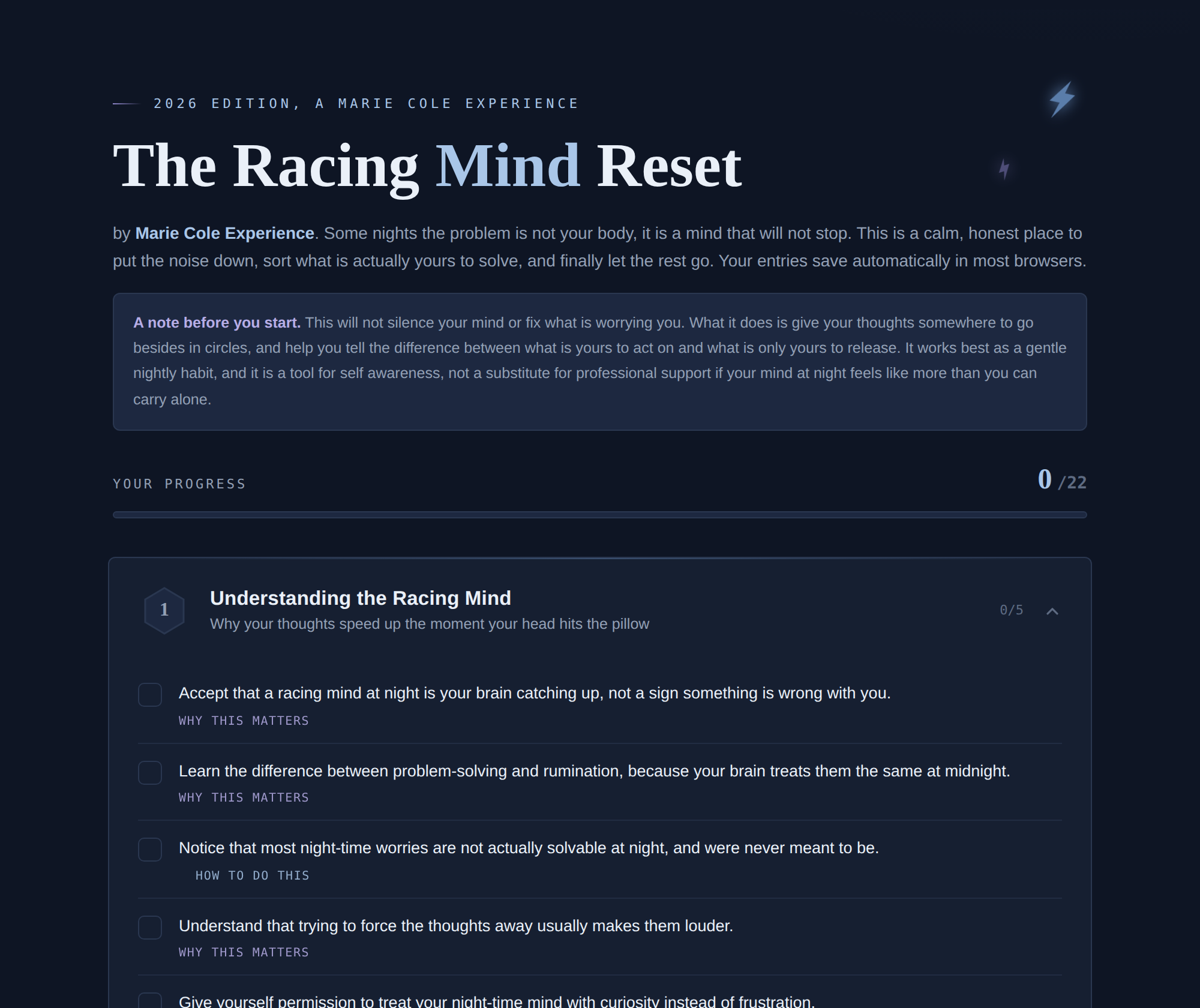 Reveal: "The Racing Mind Reset showing what your mind circles most at night, and act versus release"