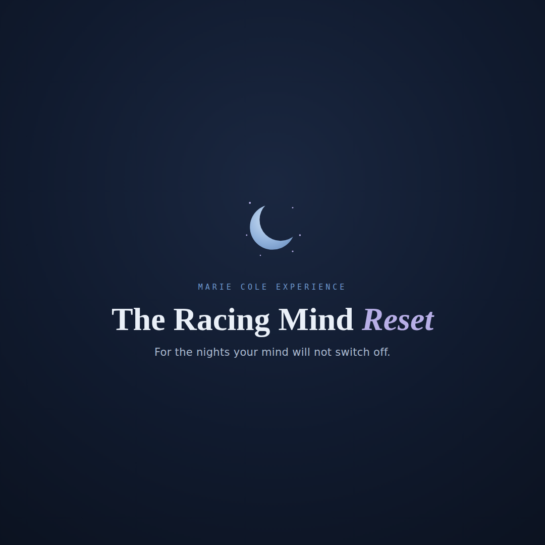 Hero: "The Racing Mind Reset on a phone, a calm midnight-blue screen for a nightly brain-dump"