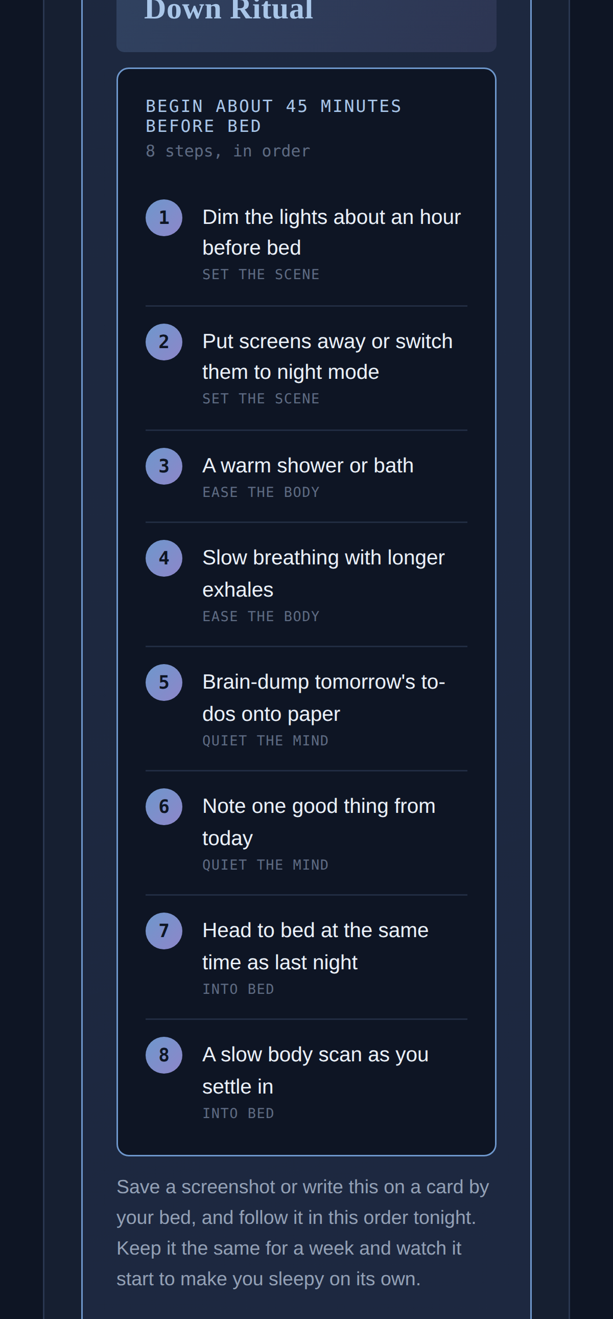 The Wind-Down Ritual Builder showing a numbered eight-step nightly ritual in order, beginning 45 minutes before bed.