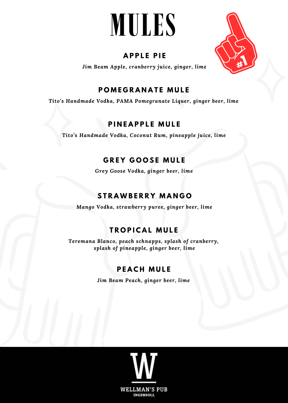 Drink menu from Wellman's Pub featuring mules and cocktails, including apple pie, pomegranate, pineapple, grey goose, strawberry mango, tropical, and peach varieties with ingredients listed.