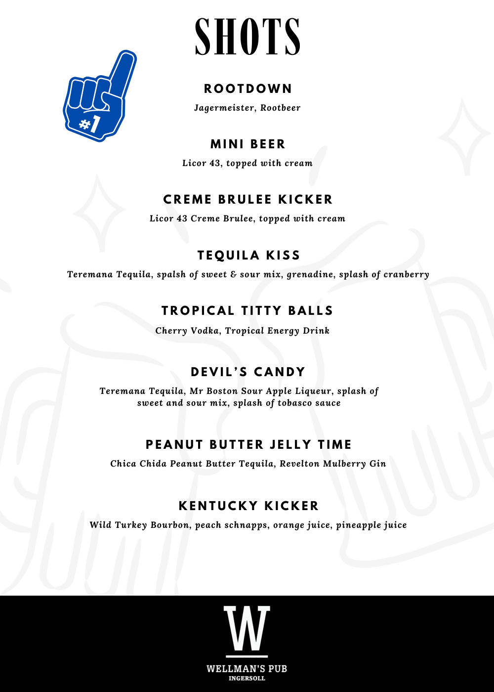 Drink menu from Wellman's Pub listing various cocktails, including shots, mini beer, creme brulee kicker, tequila kiss, tropical titty balls, devil's candy, peanut butter jelly time, Kentucky kicker, with ingredients and descriptions. Features a blue