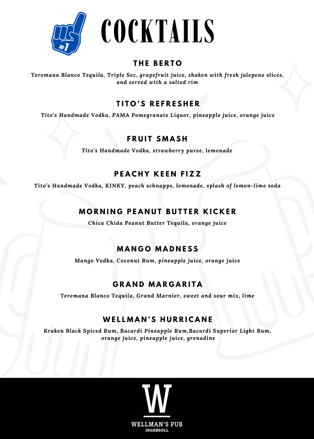 Menu of cocktails from Wellman's Pub, featuring drinks like The Berto, Tito's Refresher, Fruit Smash, Peachy Keen Fizz, Morning Peanut Butter Kicker, Mango Madness, Grand Margarita, and Wellman's Hurricane.
