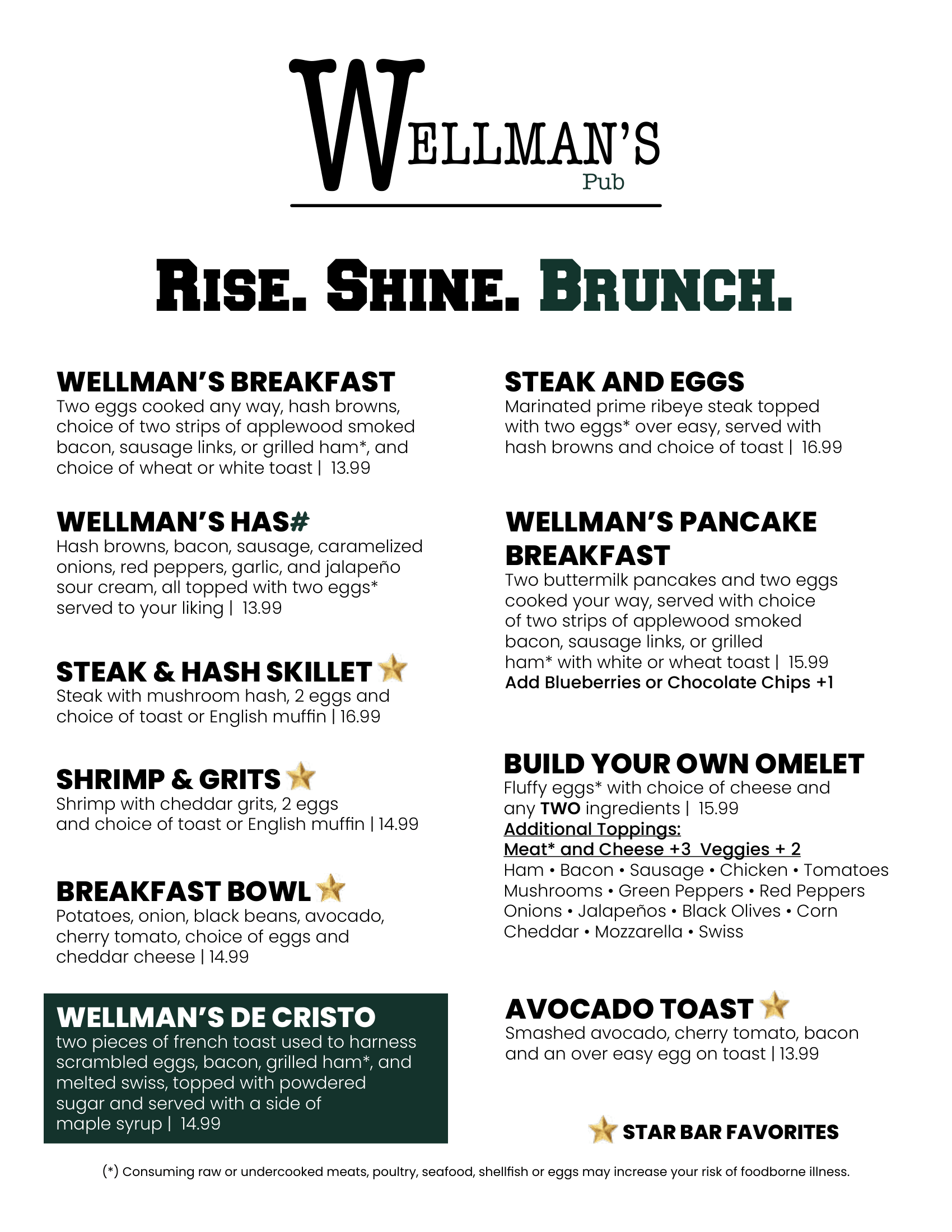 Brunch Menu for Wellman's Pub Ingersoll Des Moines