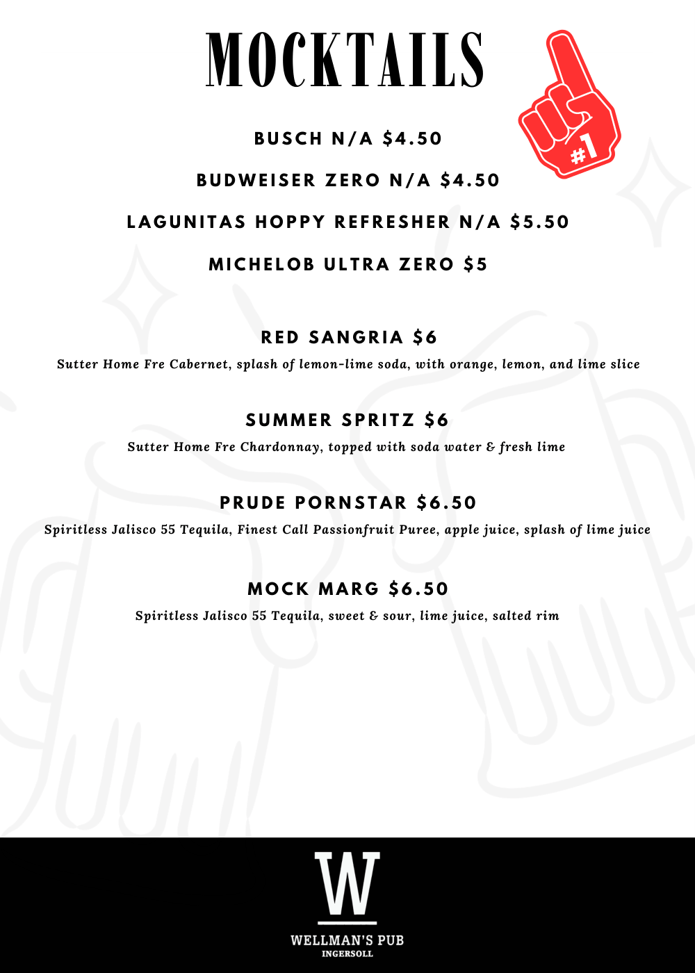Mocktail menu with five drinks, including Busch N/A, Budweiser Zero N/A, Lagunitas Hoppy Refresher N/A, Michelob Ultra Zero, Red Sangria, Summer Spritz, Prude Pornstar, and Mock Marg, along with a red foam finger sticker and a Wellman's Pub logo at t