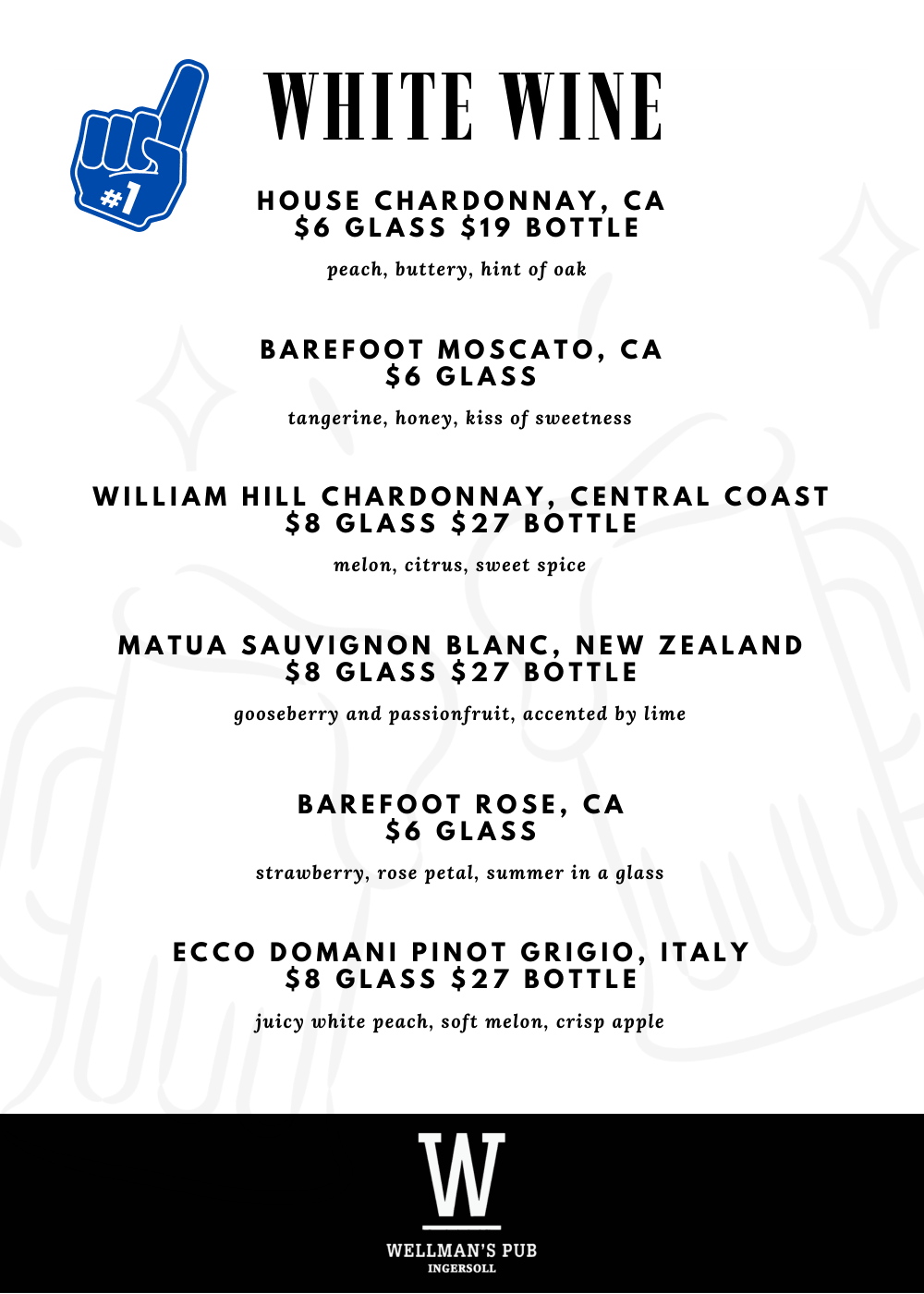 Menu listing various white wines with their descriptions and prices, topped with a foam finger graphic.