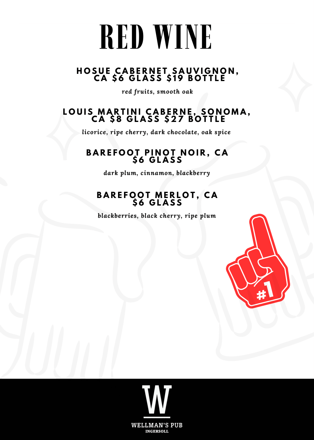 A wine menu titled 'Red Wine' listing four red wines from California with prices and flavor notes, featuring a red foam finger with the number one, and at the bottom, the logo for Wellman's Pub in Ingersoll.
