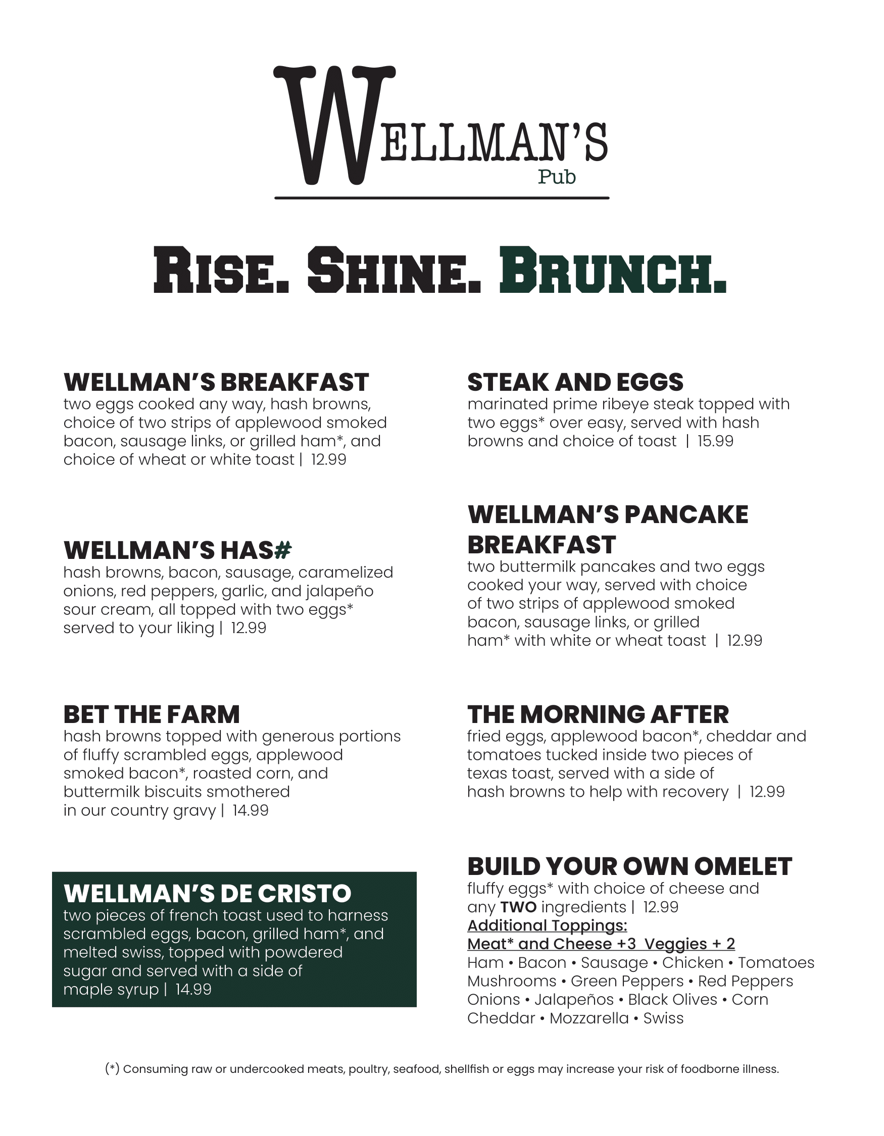 Brunch Menu at Wellman's Pub Ingersoll